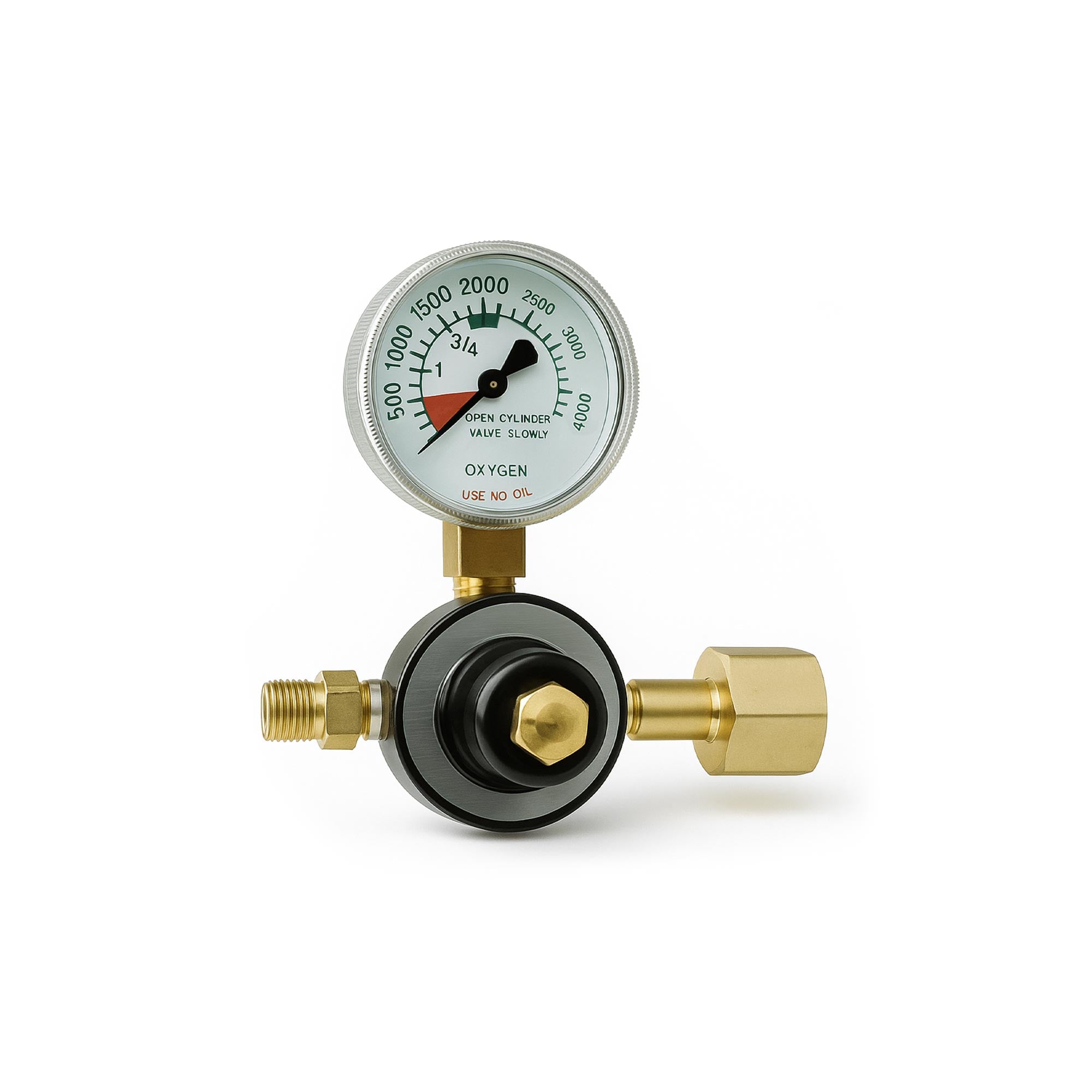 MRI-compatible 50 PSI oxygen regulator with DISS outlet and brass construction