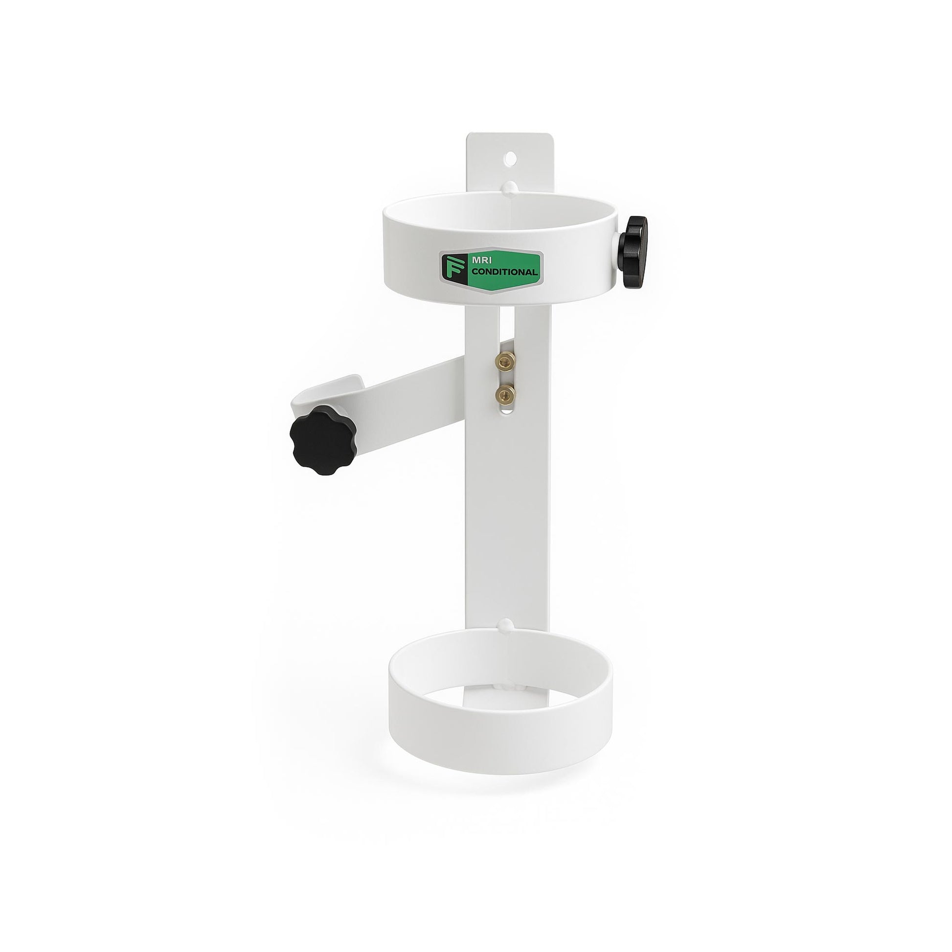 MRI-conditional E Cylinder Holder securely attached to a standard MRI wheelchair, made with lightweight aluminum and finished in white powder coating for durability and a polished look.
