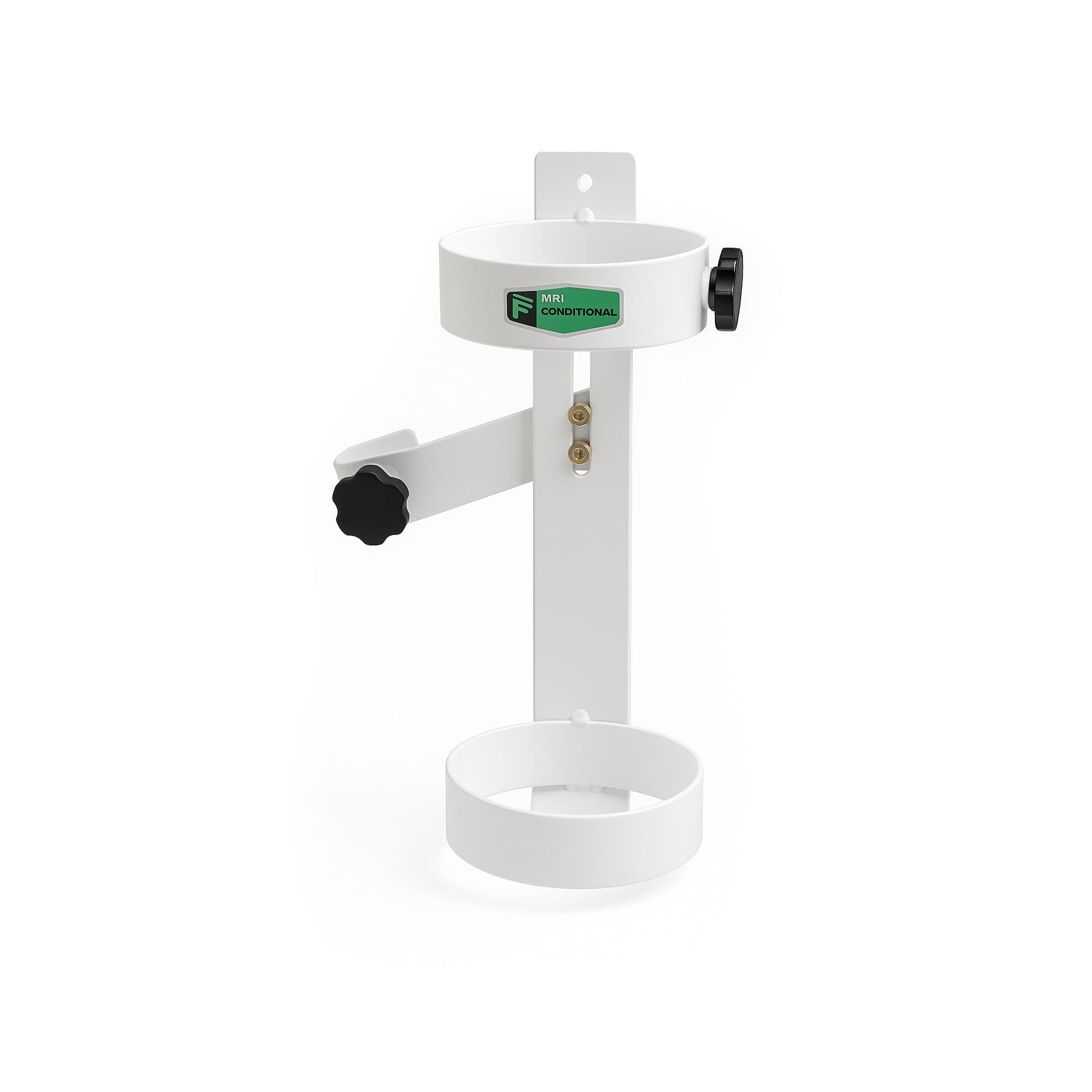 MRI-conditional E Cylinder Holder securely attached to a standard MRI wheelchair, made with lightweight aluminum and finished in white powder coating for durability and a polished look.
