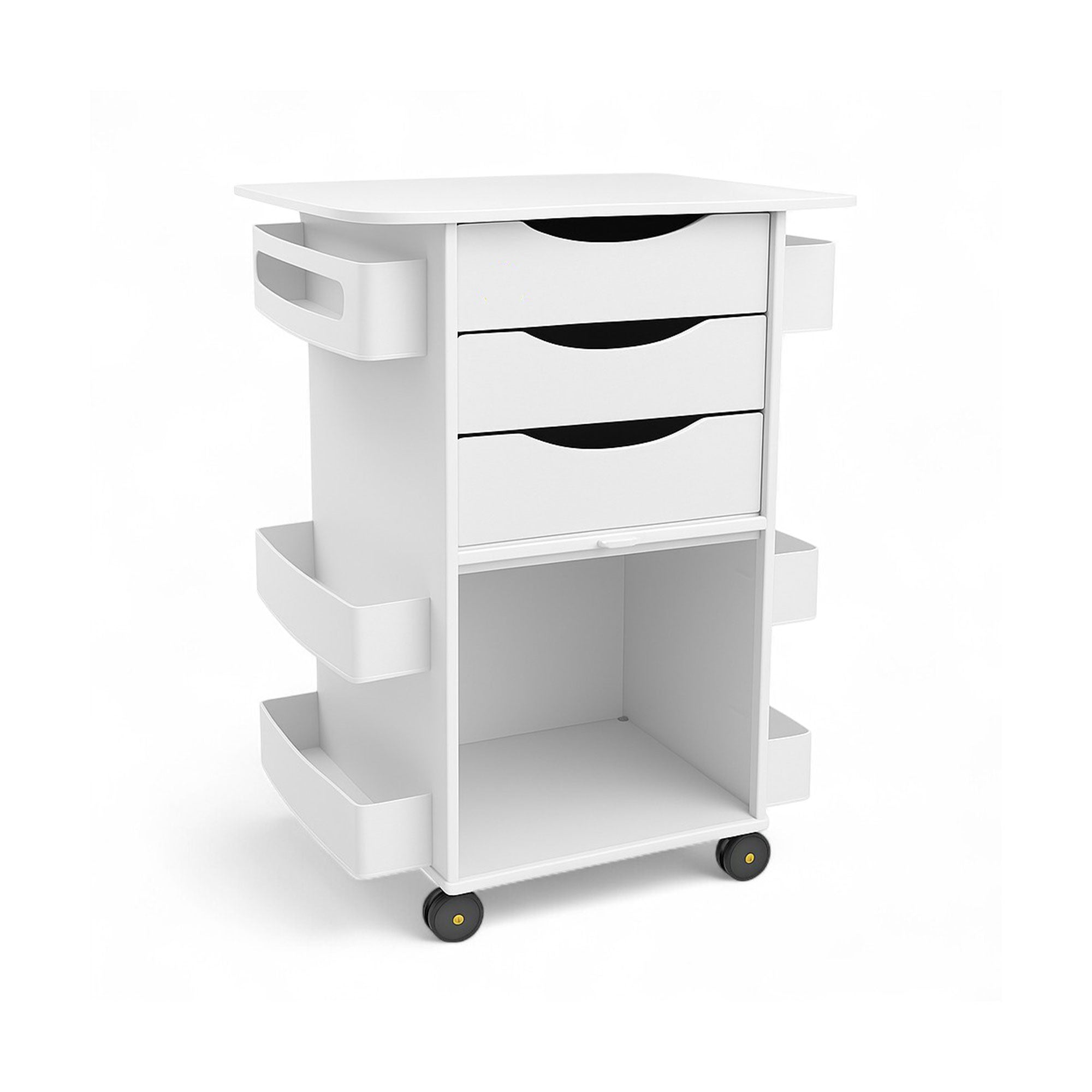 MRI Core DX Cart with White Drawers and Sliding Door in a non-magnetic environment, featuring multiple storage compartments, dispenser wings, tool holder, and easy mobility with 2-inch casters.