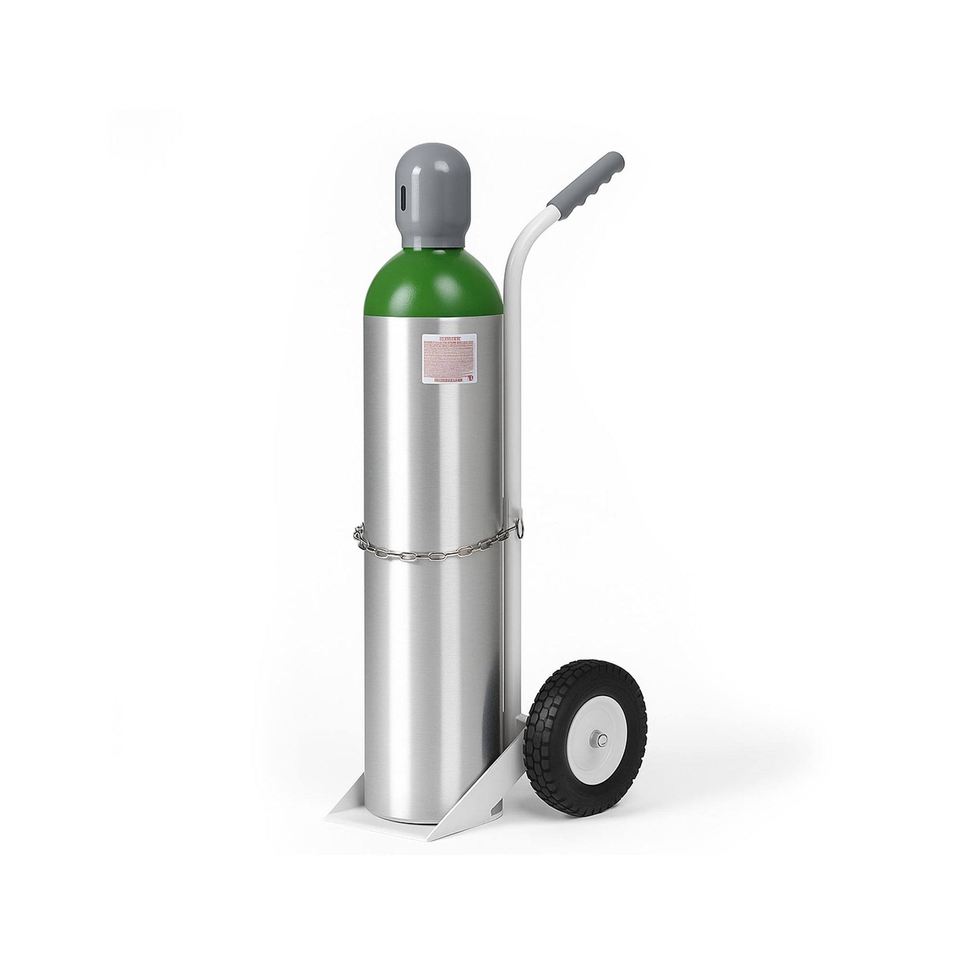 MRI-compatible cylinder cart made of durable all-aluminum construction, designed to securely hold M60, M90, M122, or M155 aluminum cylinders. Features a white powder-coated finish, 8-inch plastic wheels with rubber treads for smooth mobility, and a brass safety chain for secure cylinder placement, ideal for medical and MRI environments.