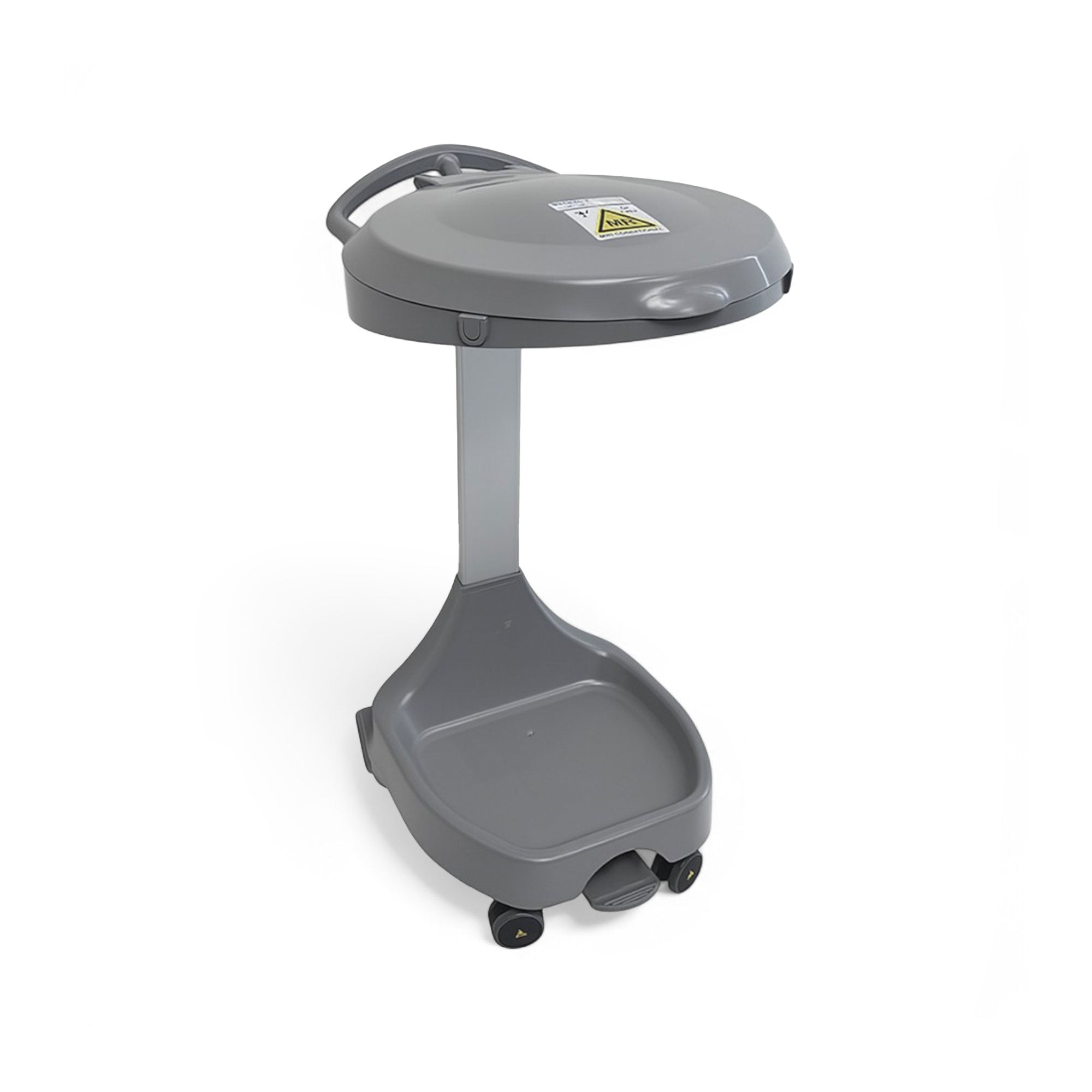 Ergonomic MRI Linen Hamper designed for MRI scanner rooms, made from non-magnetic aluminum and plastic, featuring hands-free foot pedals, soft-close functionality, Wrap-n-Snap brackets for easy bag removal, 32-gallon capacity, and smooth, easy-to-clean surfaces. Ideal for hygiene and efficiency in healthcare settings.