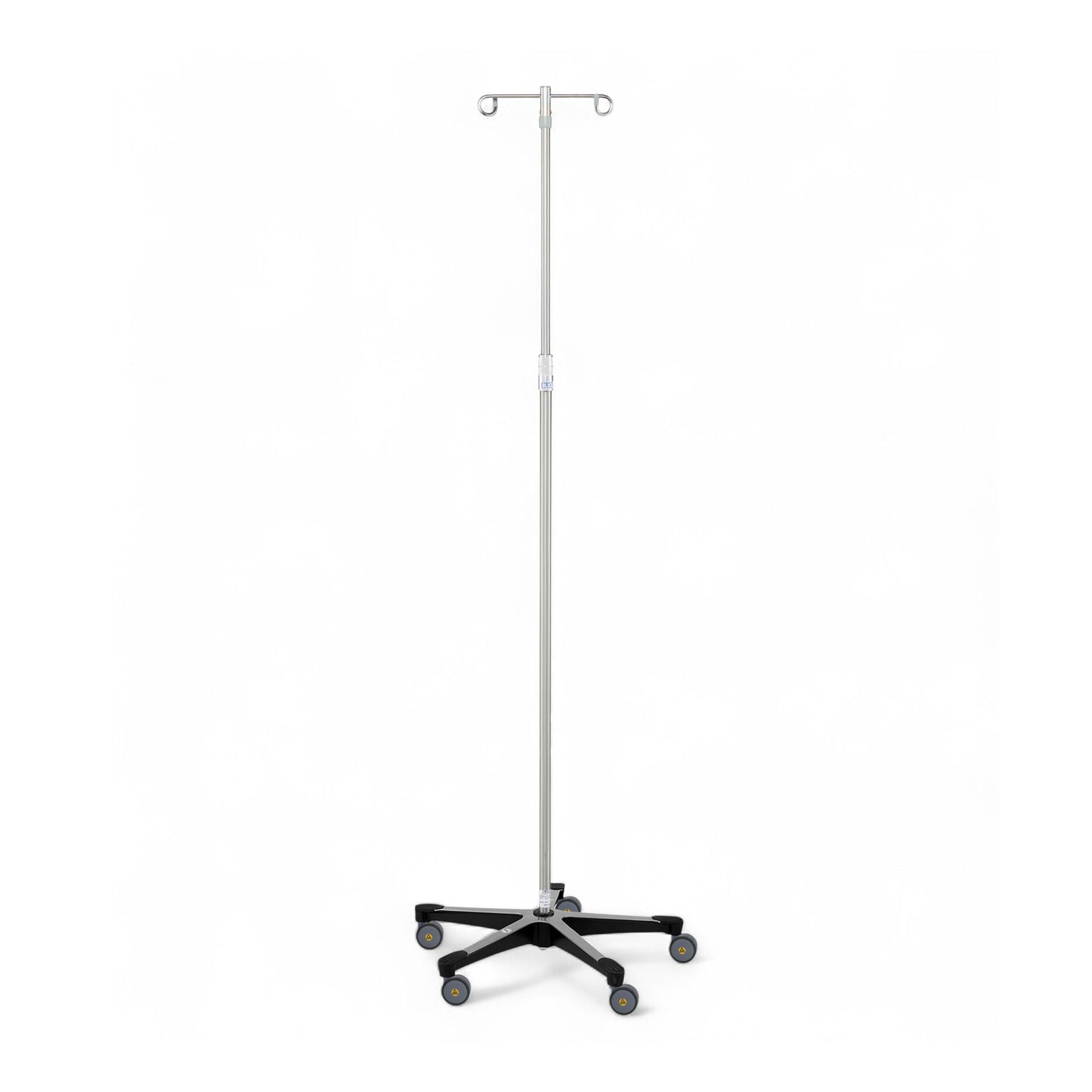 MRI compatible IV stand with a durable 5-leg base, featuring two removable hooks, a polished aluminum base, and a stainless steel pole designed for medical settings.
