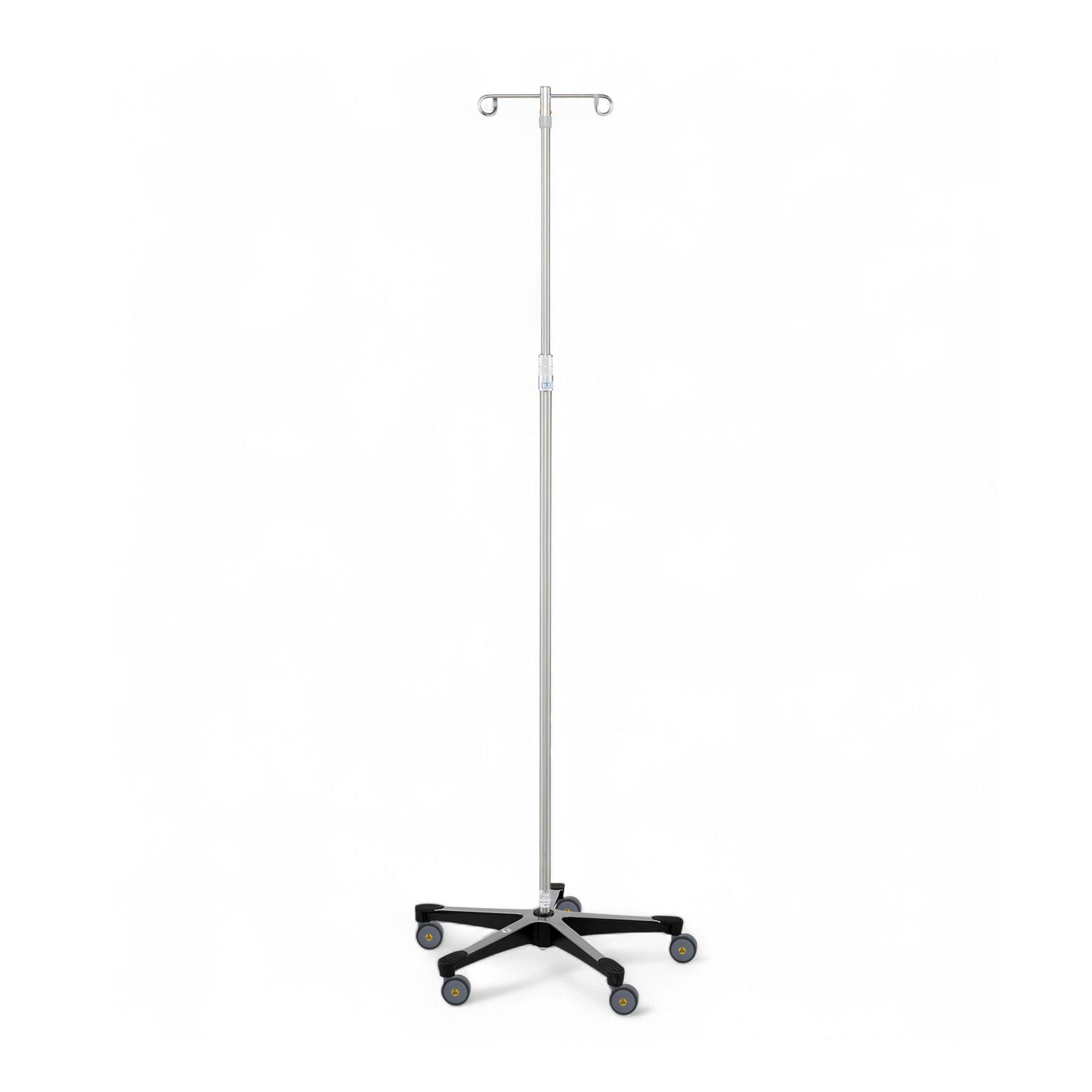 MRI compatible IV stand with a durable 5-leg base, featuring two removable hooks, a polished aluminum base, and a stainless steel pole designed for medical settings.