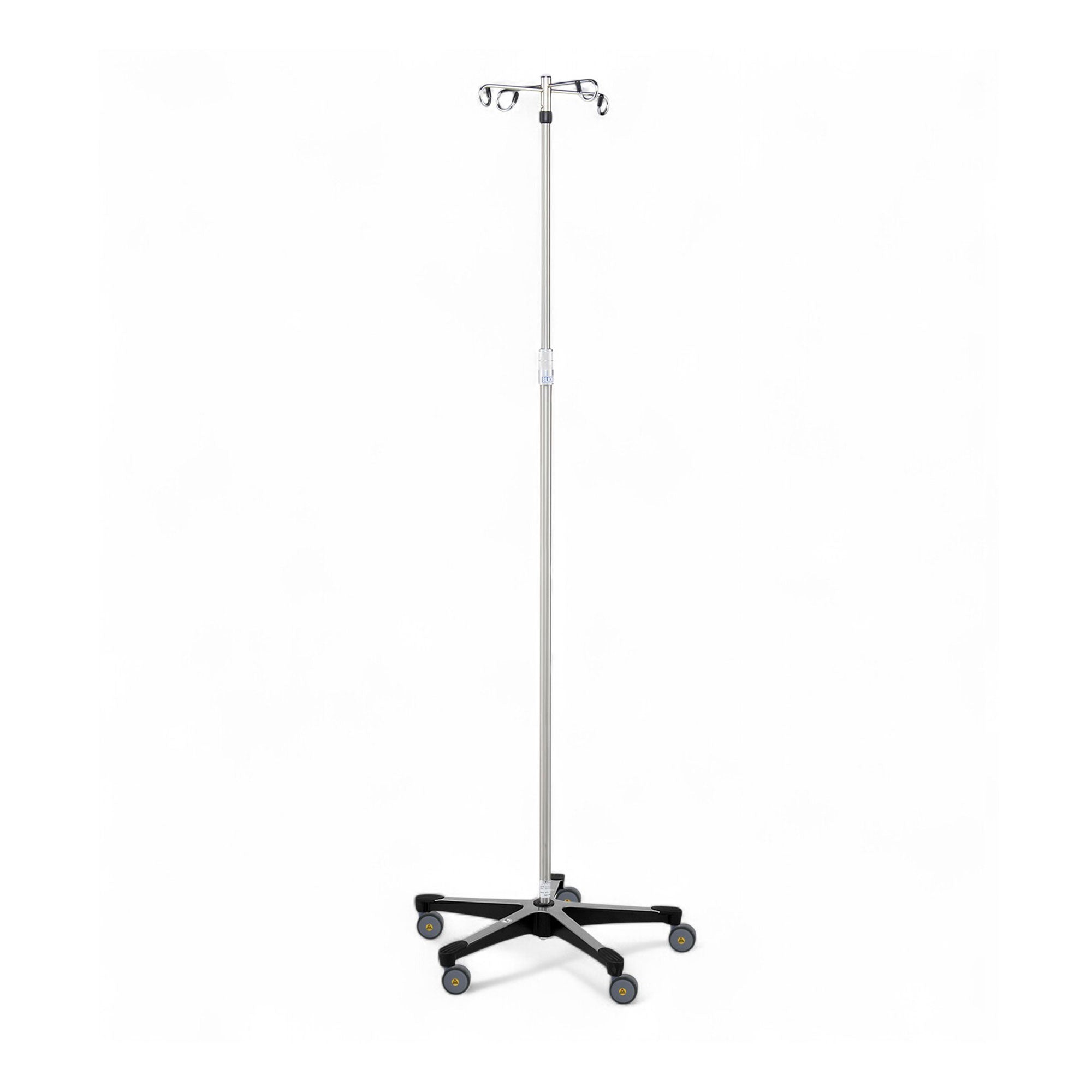 MRI compatible IV stand with a durable 5-leg base, featuring four removable hooks, a polished aluminum base, and a stainless steel pole designed for medical settings.