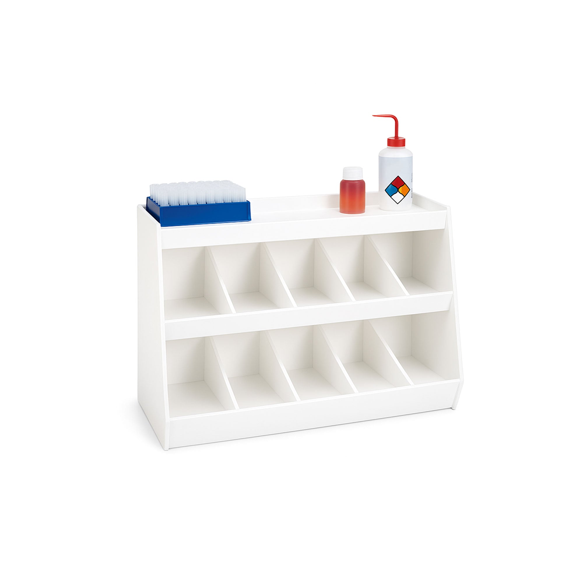 MRI Lab Storage Shelf with 3 Shelves - Durable White PVC Construction, 10 Compartments, MRI Safe Design, Ideal for Organizing MRI Supplies and Equipment.
