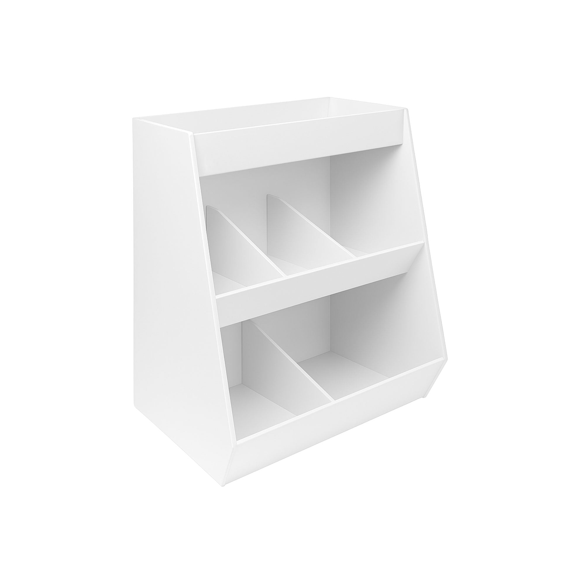 MRI Lab Storage Shelf with 5 Bins made from durable white PVC, featuring spacious compartments and a top shelf for organized storage of MRI supplies in a safe, MRI-compatible design.