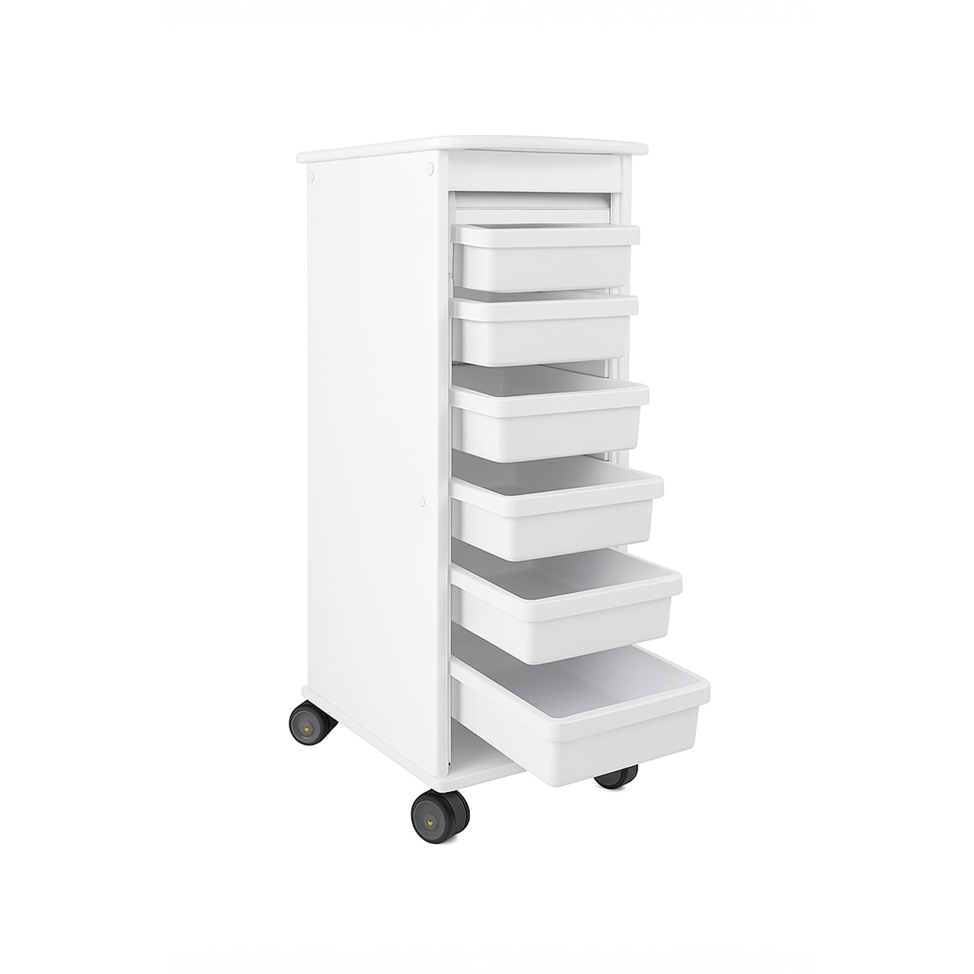 Durable MRI cart with HDPE construction, locking roll-top door, removable trays, and smooth casters for medical use.
