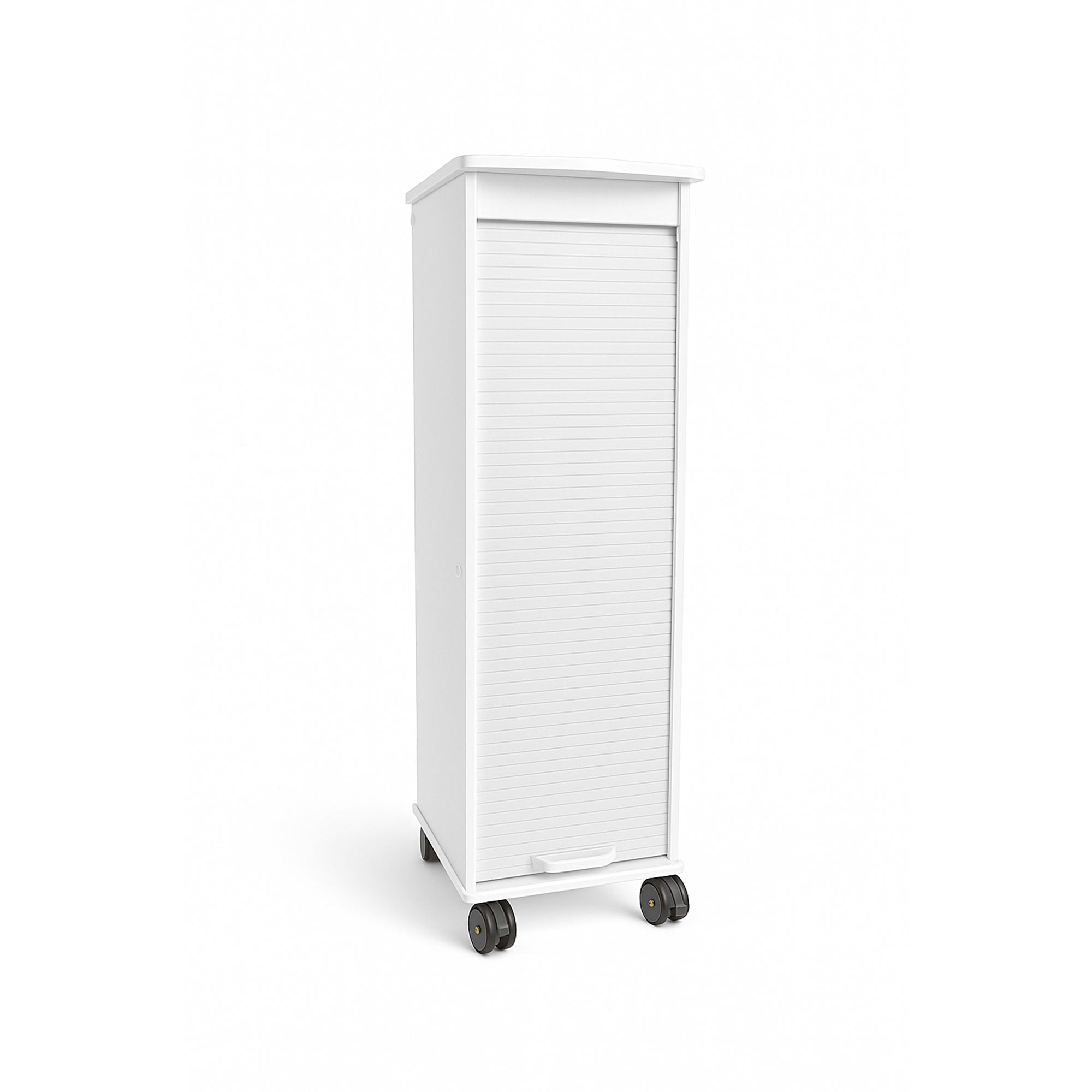 MRI Narrow Locking Cart with durable HDPE construction, 6 removable pocket trays, locking roll-top door, and smooth mobility casters for MRI labs and medical environments.