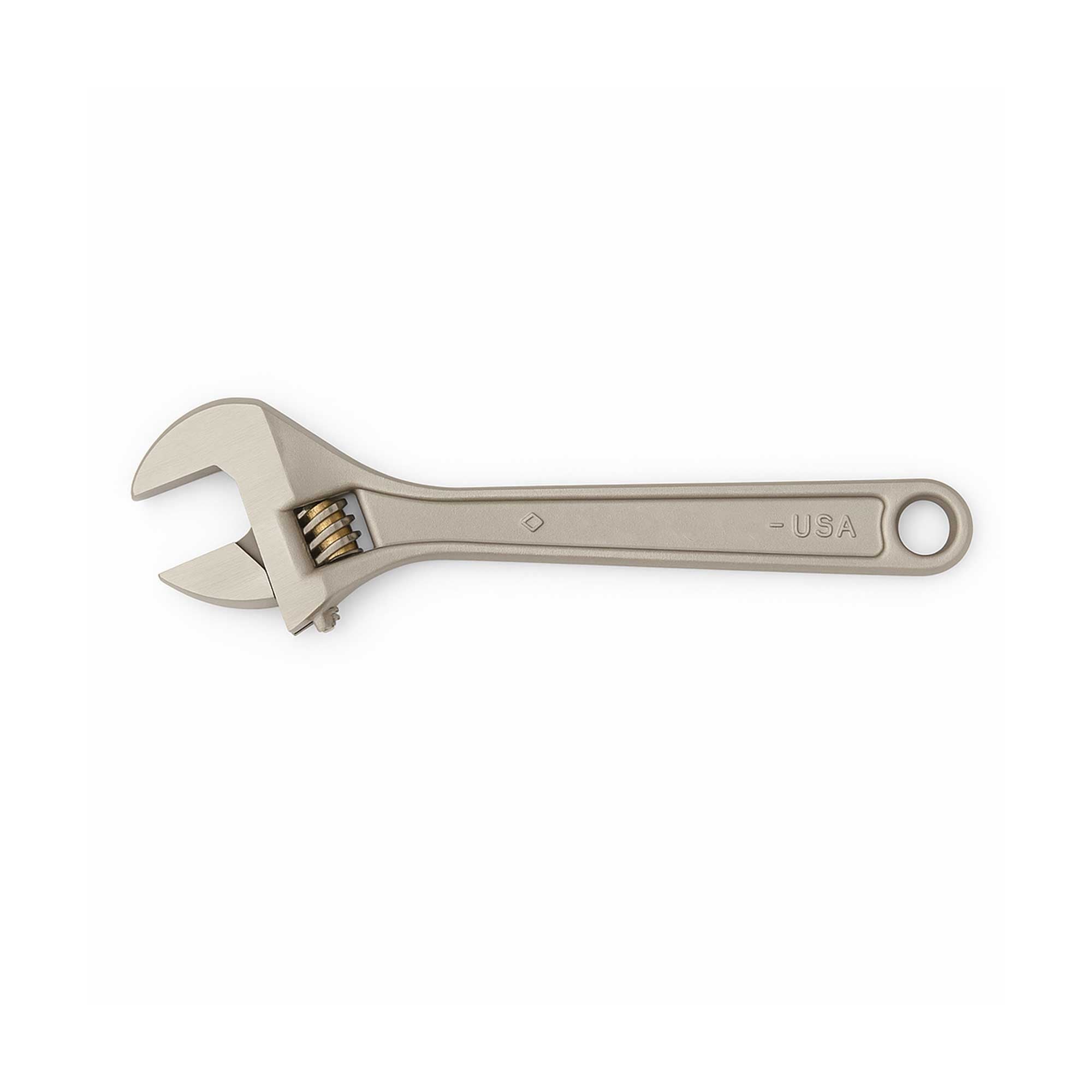 Non-magnetic adjustable wrench for MRI and hazardous environments – non-sparking, corrosion-resistant tool made from durable bronze metal. Available in multiple sizes with jaw openings ranging from 24 mm to 43 mm. Ideal for medical, industrial, and explosive workspaces. Made in the USA.