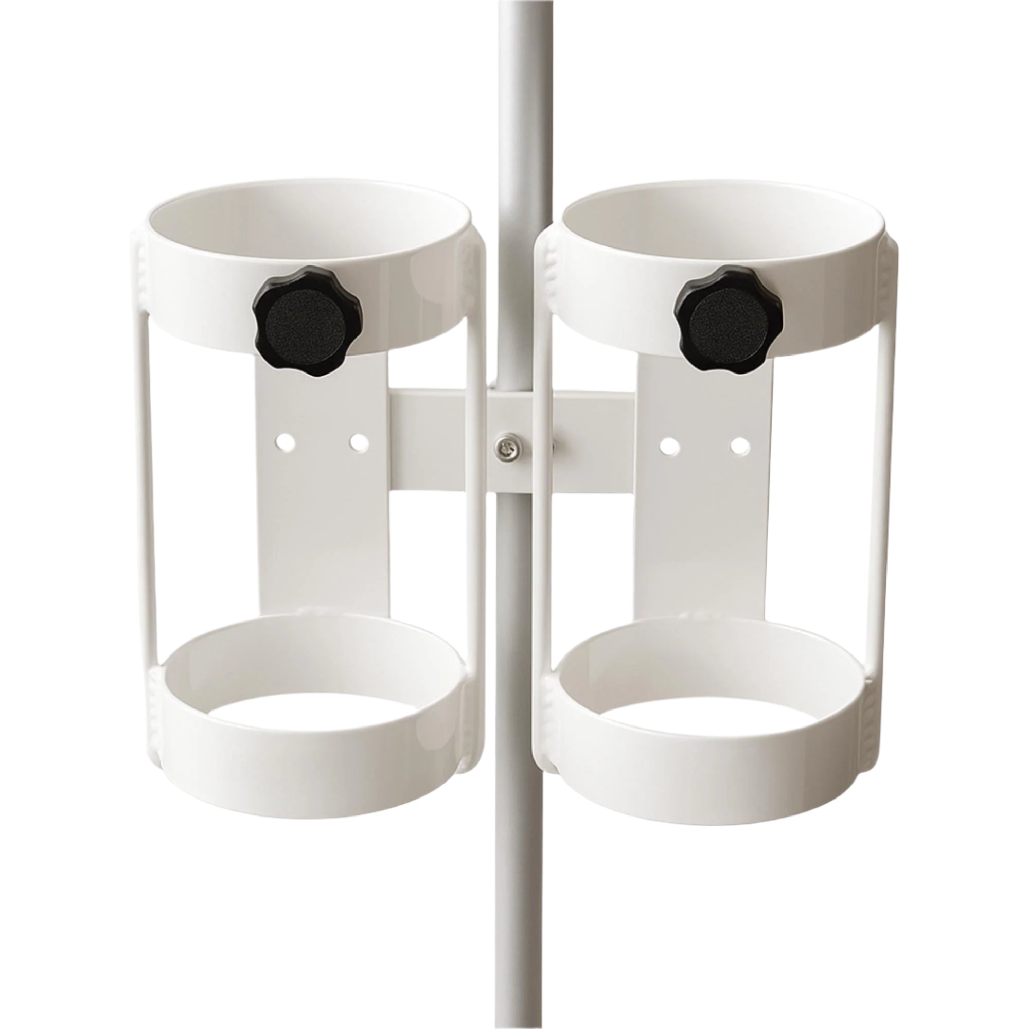 MRI Conditional Dual E Cylinder Holder securely attached to a pole, holding two E size oxygen cylinders with a durable white powder-coated finish, designed for medical facilities and MRI environments.