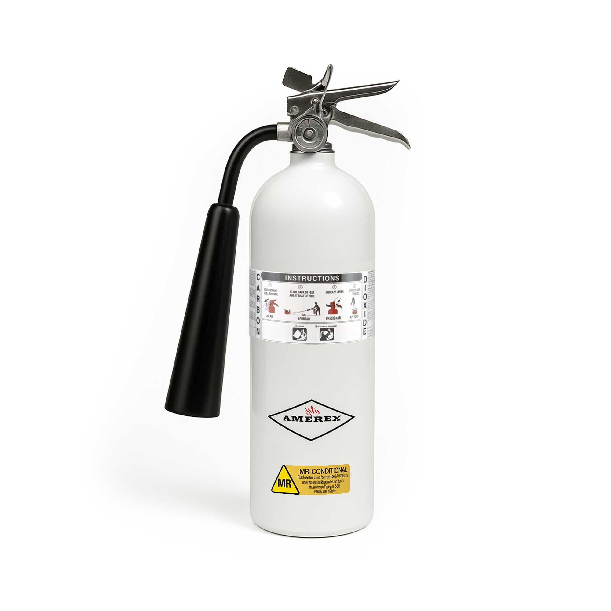 White fire extinguisher with black handle on a white background