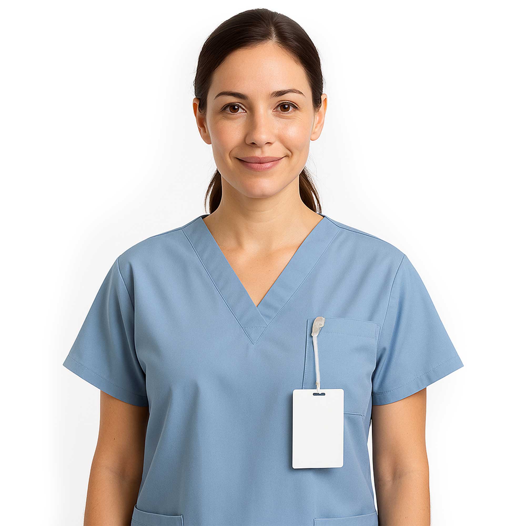 MRI technologist wearing a Non-magnetic extendable badge clip for MRI environments, with a secure fit, metal-free, and latex-free design.