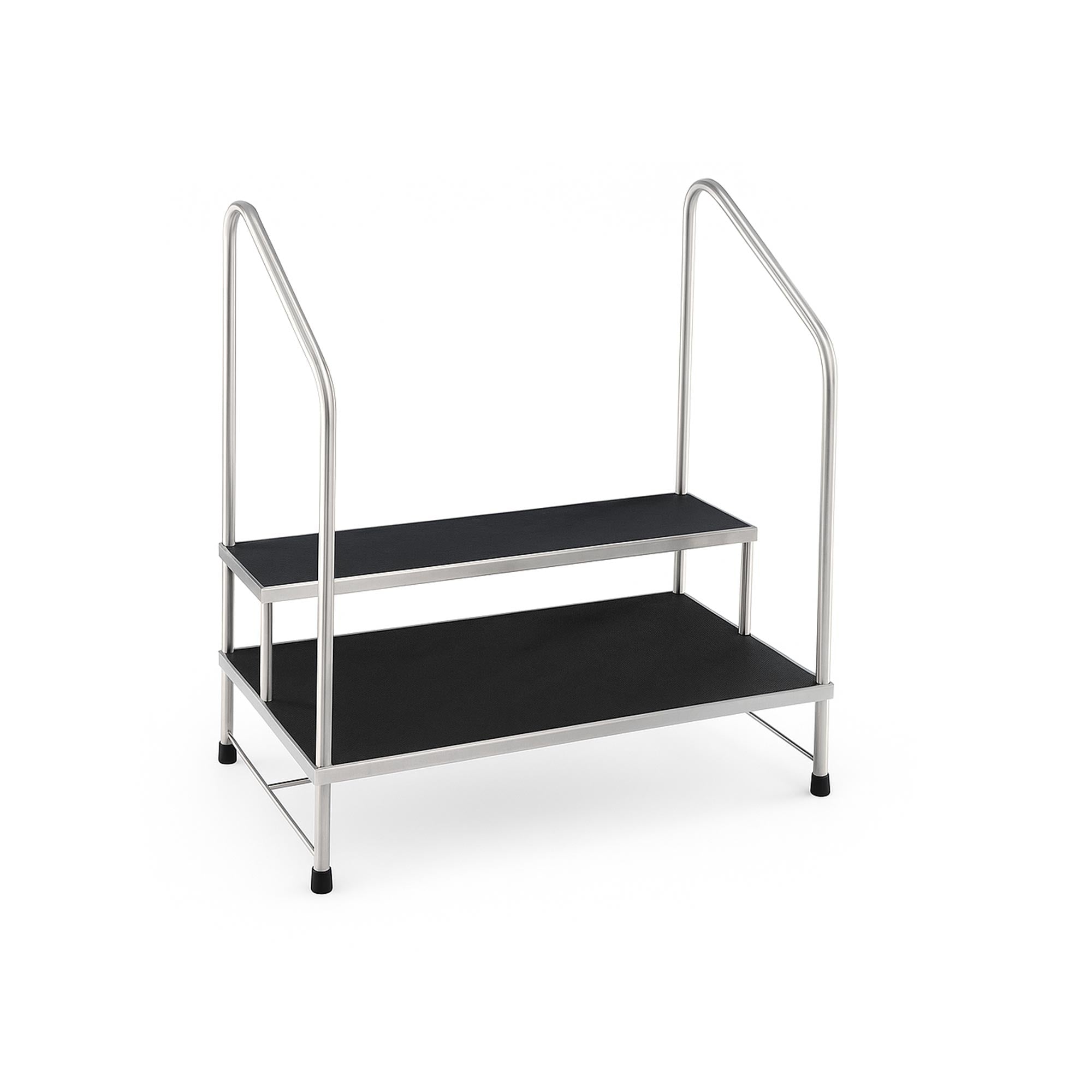 MRI-Safe Heavy-Duty Two-Step Stainless Steel Foot Stool with Handrails, Non-Slip Rubber Treads, 350 lb Weight Capacity, Durable Welded Construction for Medical and Industrial Use.
