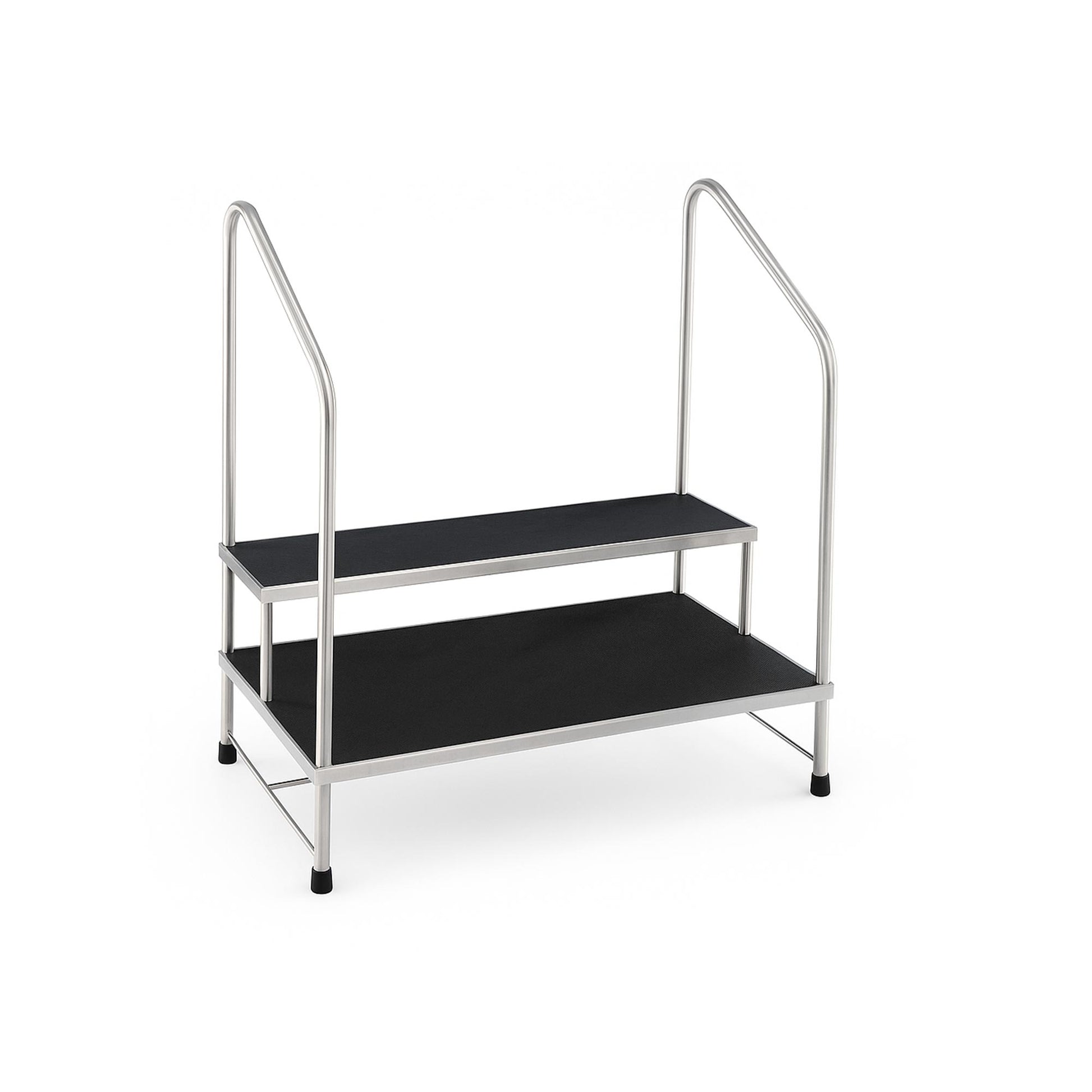 MRI-Safe Heavy-Duty Two-Step Stainless Steel Foot Stool with Handrails, Non-Slip Rubber Treads, 350 lb Weight Capacity, Durable Welded Construction for Medical and Industrial Use.