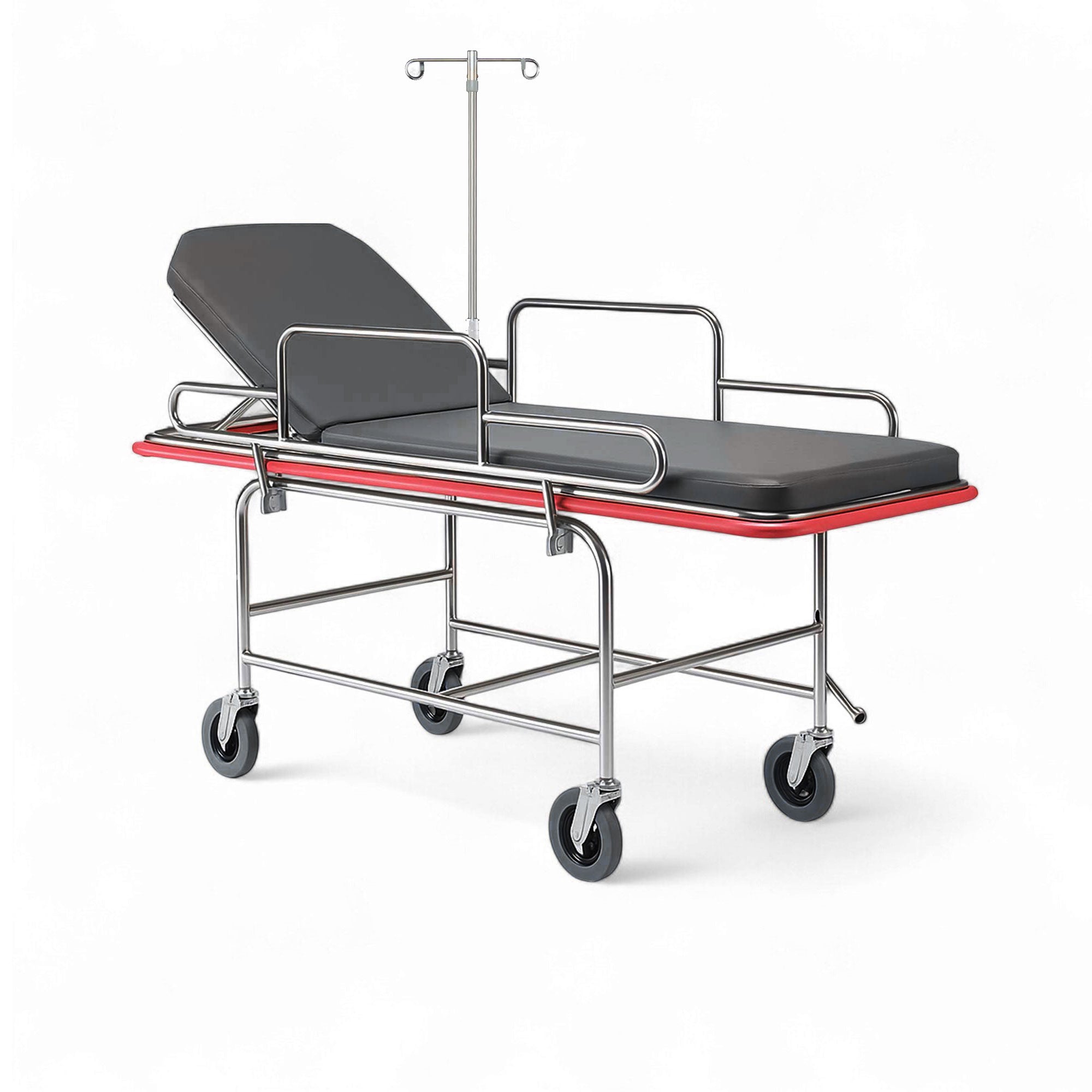 MR-Conditional Transport Stretcher with stainless steel frame, comfortable 2-inch pad, swing-down side rails, and locking caster wheels designed for MRI environments.