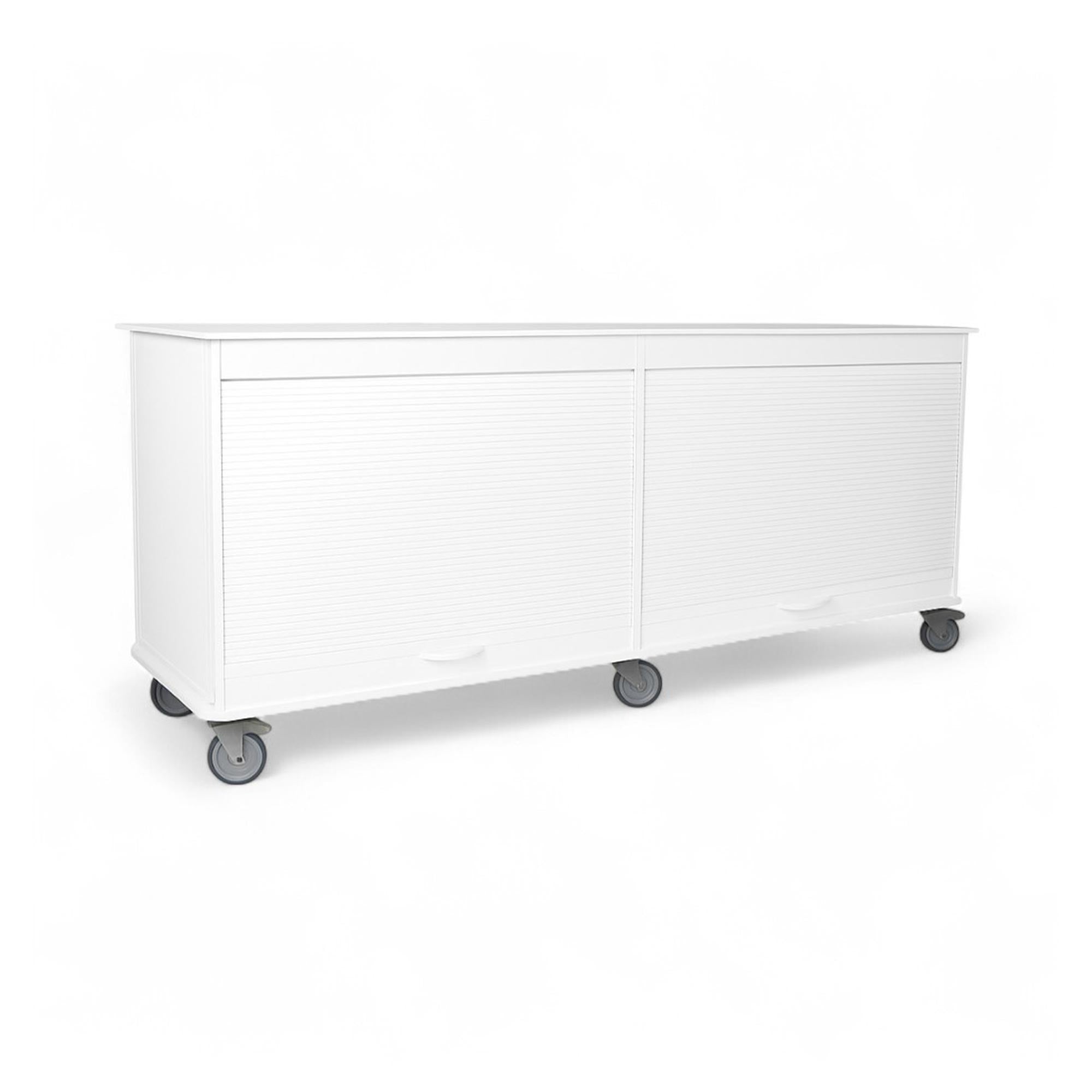 White Belize Lab Island Cart for medical use, made of corrosion-resistant HDPE, with shelves, locking roll-top doors, and casters for secure, efficient MRI workspaces.
