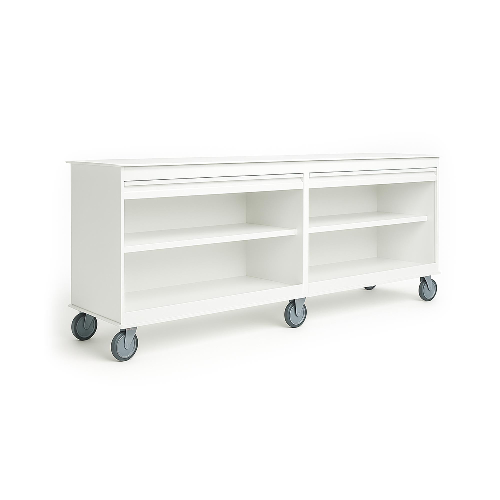 White Belize Lab Island Cart in a medical setting, featuring corrosion-resistant HDPE material, multiple shelves, locking roll-top doors, and casters for secure mobility, designed for organized and efficient MRI workspaces.