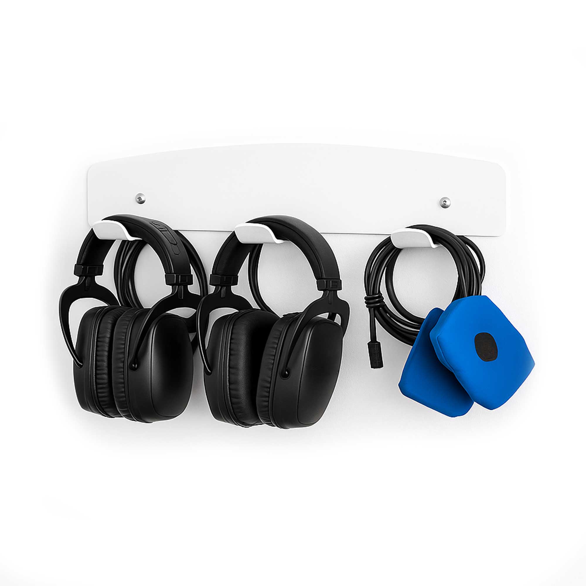 Wall-Mount Headset Organizer securely holding headsets and cords, preventing tangling and damage. Durable polycarbonate construction, easy to mount, and latex-free for safe use in offices or workspaces.