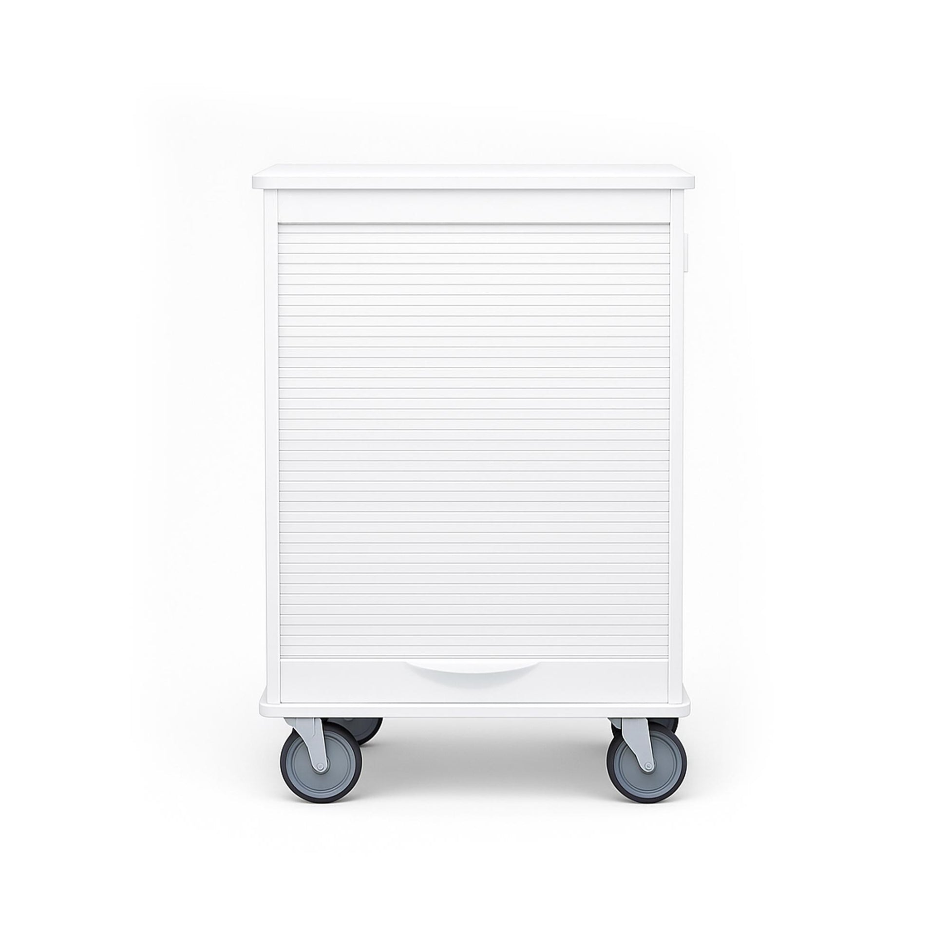 White MRI Cart with storage, tambour door, and twin-wheel casters for MRI-safe medical environments.