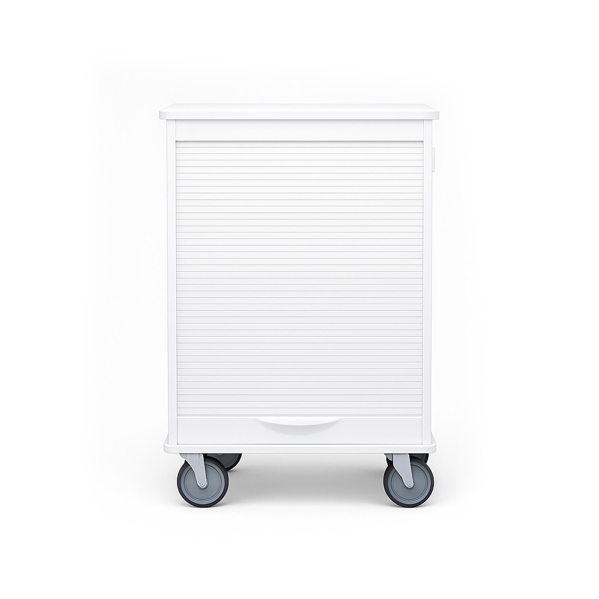 White MRI Cart with storage, tambour door, and twin-wheel casters for MRI-safe medical environments.