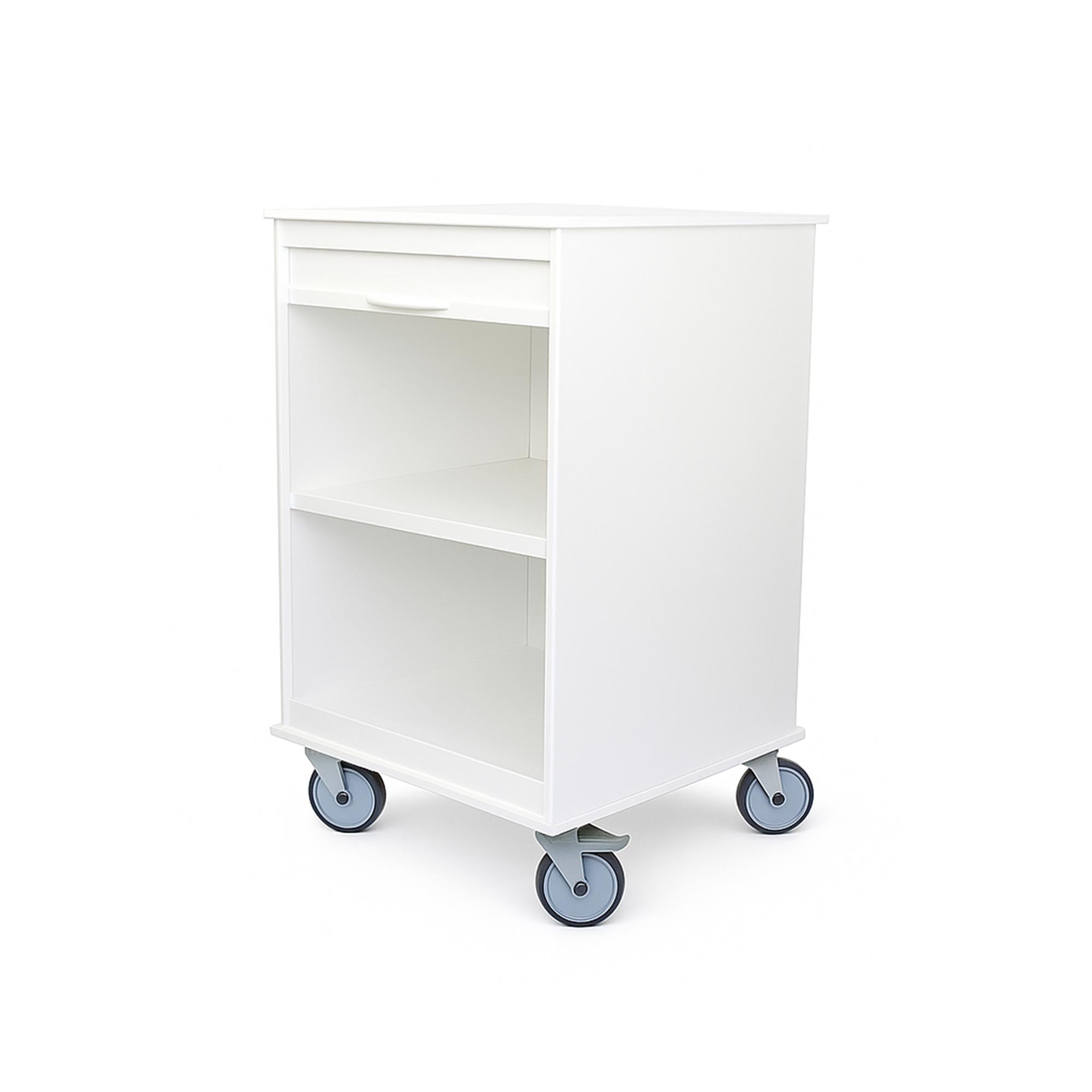 White MRI Maui Lab Island Cart with storage, tambour door, and twin-wheel casters designed for MRI-safe medical environments.