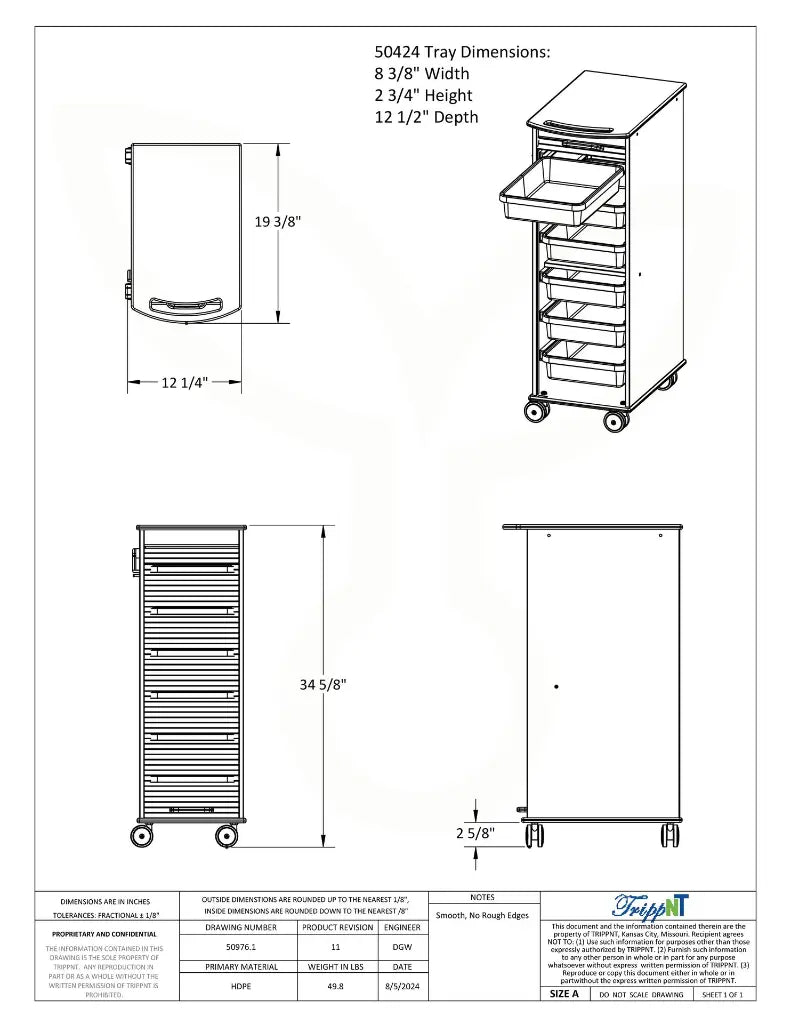 MRI Narrow Locking Cart with durable HDPE, 6 removable trays, locking roll-top door, and smooth casters for MRI labs and medical use.