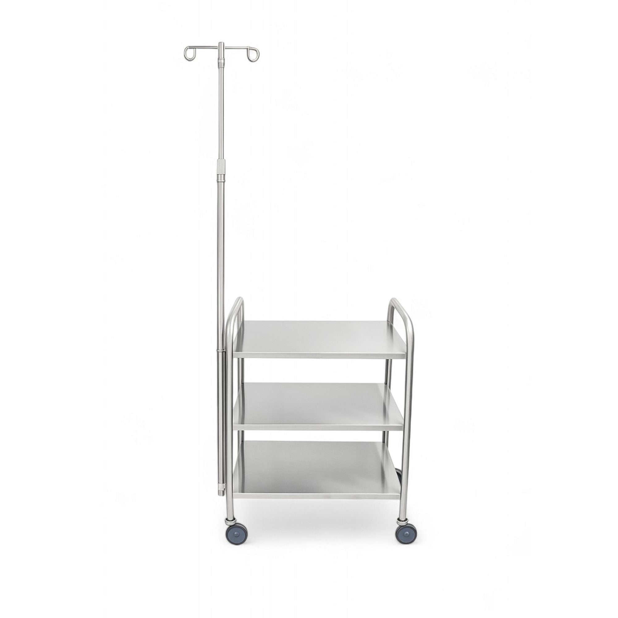 MR-Conditional Medium Duty Utility Cart with IV Pole, stainless steel construction, three shelves, end rails for safety, and 4-inch swivel casters for easy mobility in medical and industrial settings.