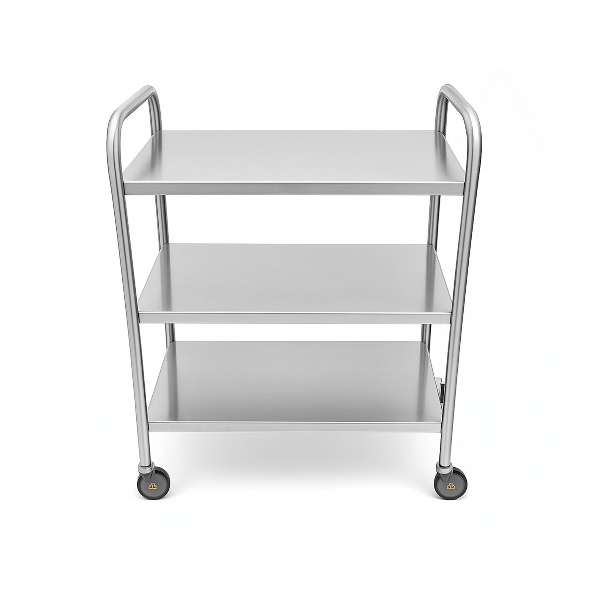 MR-Conditional Medium Duty Utility Cart with End Rails and Optional IV Pole – Stainless steel cart with three shelves, end rails for safety, and 4-inch swivel casters for smooth mobility in medical, laboratory, and industrial settings.