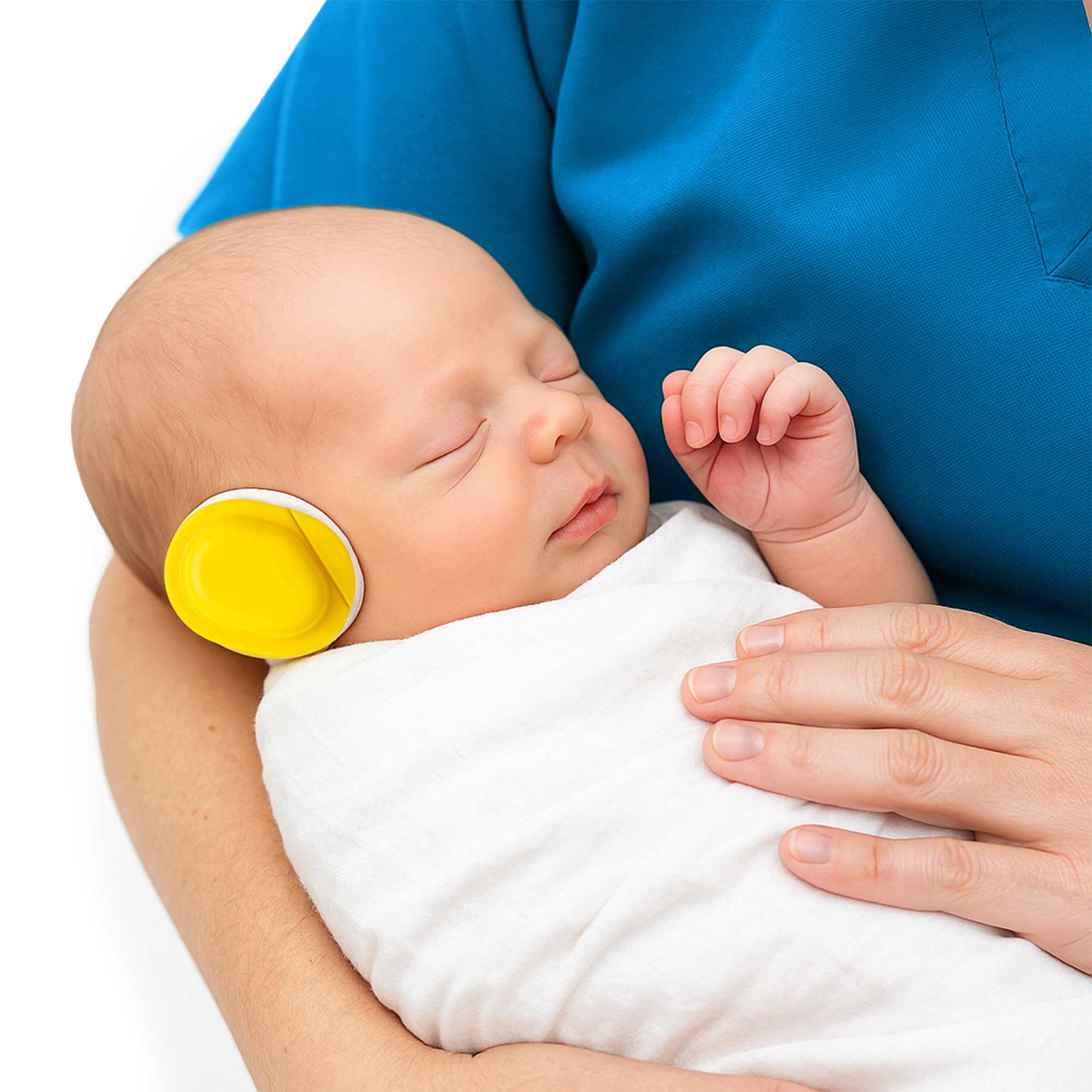 A newborn wearing Neonatal Noise Guards, designed to protect sensitive hearing by reducing environmental noise in NICU or MRI settings.