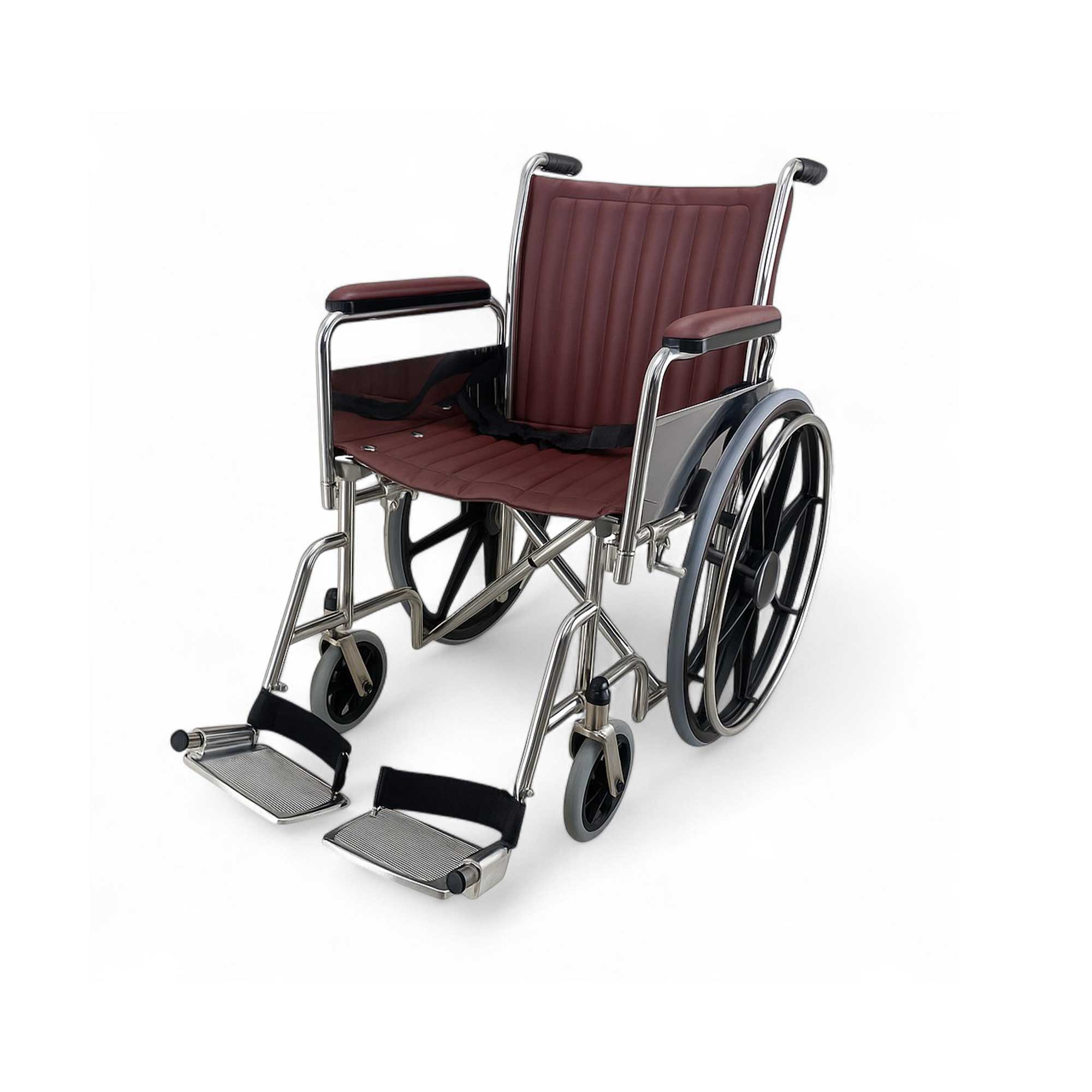 18" wide non-magnetic Burgundy MRI wheelchair with fixed footrests, designed for safe use in MRI suites. Made from non-magnetic materials with full-length padded arms, fixed footrests, and a safety belt. Available in Burgundy, Green, and Dark Blue. Suitable for up to 7-Tesla MRI environments. Includes an "MR" labeled storage pocket.