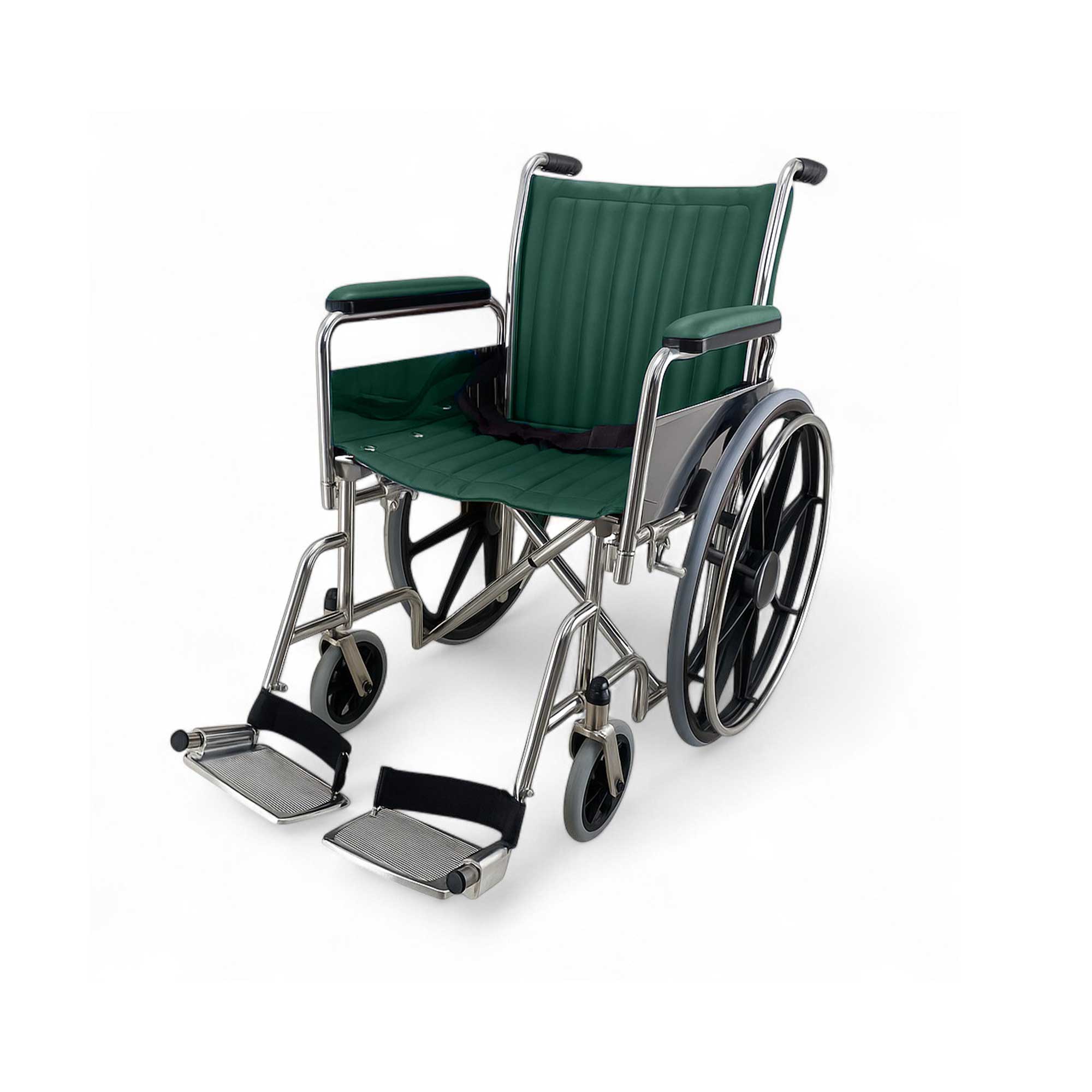 18" wide non-magnetic Green MRI wheelchair with fixed footrests, designed for safe use in MRI suites. Made from non-magnetic materials with full-length padded arms, fixed footrests, and a safety belt. Available in Burgundy, Green, and Dark Blue. Suitable for up to 7-Tesla MRI environments. Includes an "MR" labeled storage pocket.