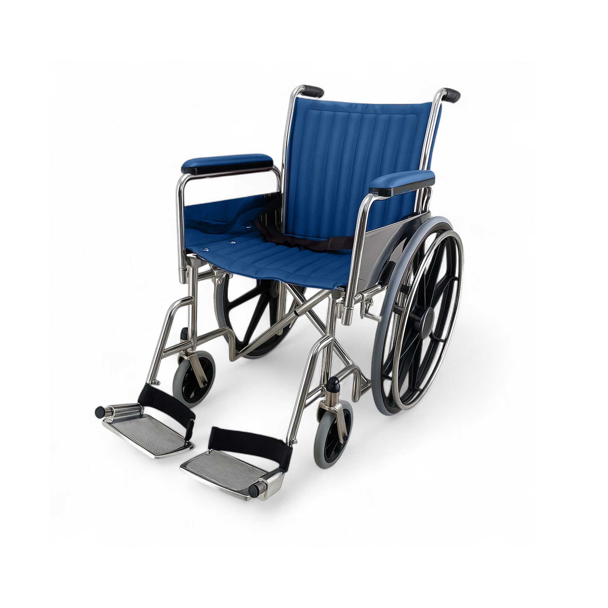 18" wide non-magnetic Blue MRI wheelchair with fixed footrests, designed for safe use in MRI suites. Made from non-magnetic materials with full-length padded arms, fixed footrests, and a safety belt. Available in Burgundy, Green, and Dark Blue. Suitable for up to 7-Tesla MRI environments. Includes an "MR" labeled storage pocket.