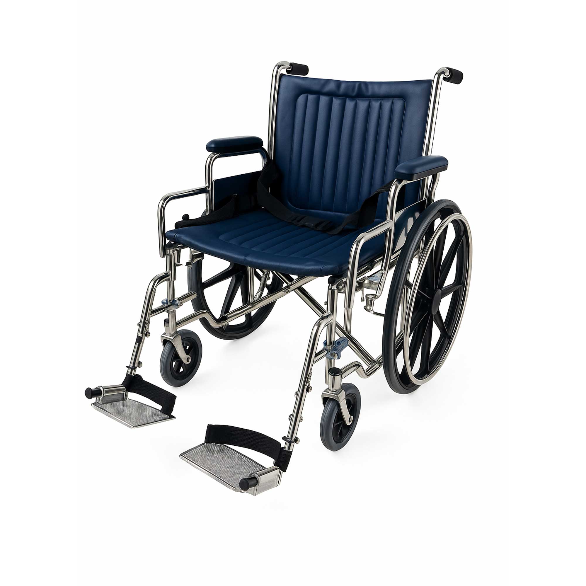 Non-Magnetic MRI Wheelchair in blue, designed for safe use in MRI environments, featuring desk-length padded armrests, swing-away footrests, and a rear storage pocket marked "MR" for easy identification.