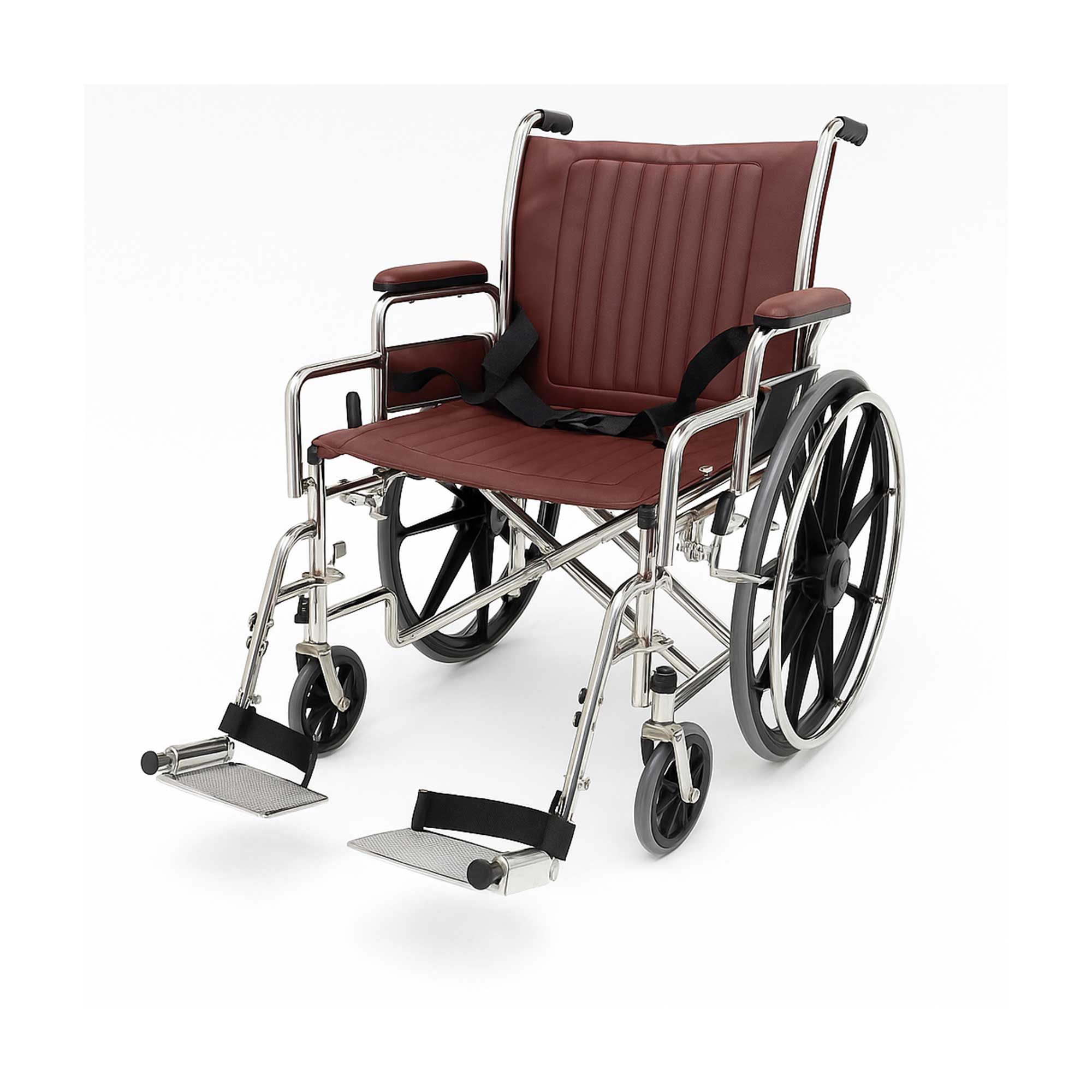 Non-Magnetic MRI Wheelchair in Burgundy, designed for safe use in MRI environments, featuring desk-length padded armrests, swing-away footrests, and a rear storage pocket marked "MR" for easy identification.