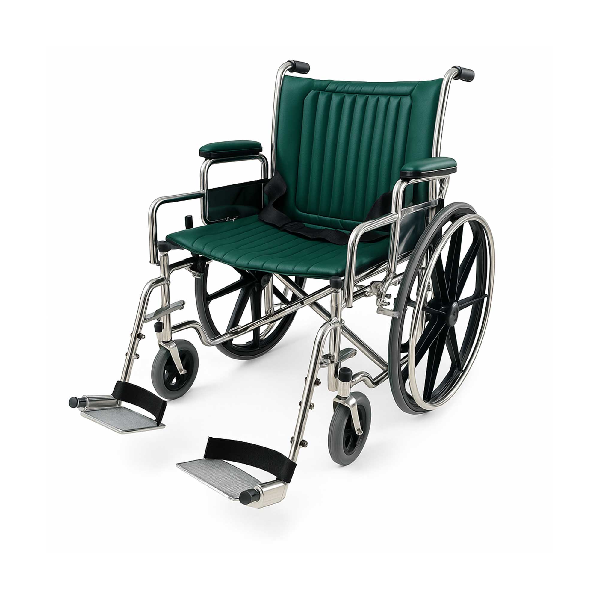 Non-Magnetic MRI Wheelchair in green, designed for safe use in MRI environments, featuring desk-length padded armrests, swing-away footrests, and a rear storage pocket marked "MR" for easy identification.