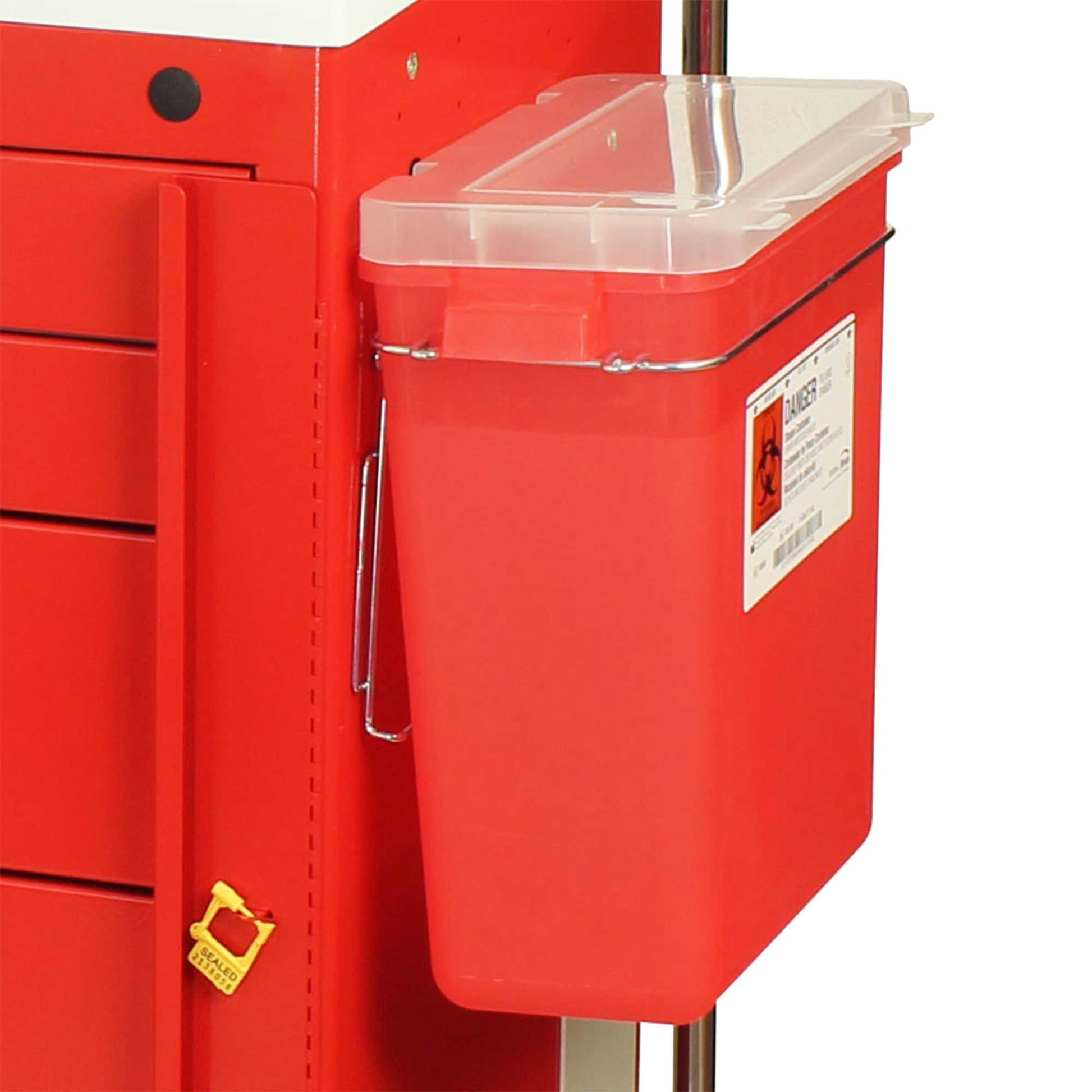 Sharps container securely mounted to an anesthesia cart, featuring a clear lid and durable design for safe medical waste disposal.