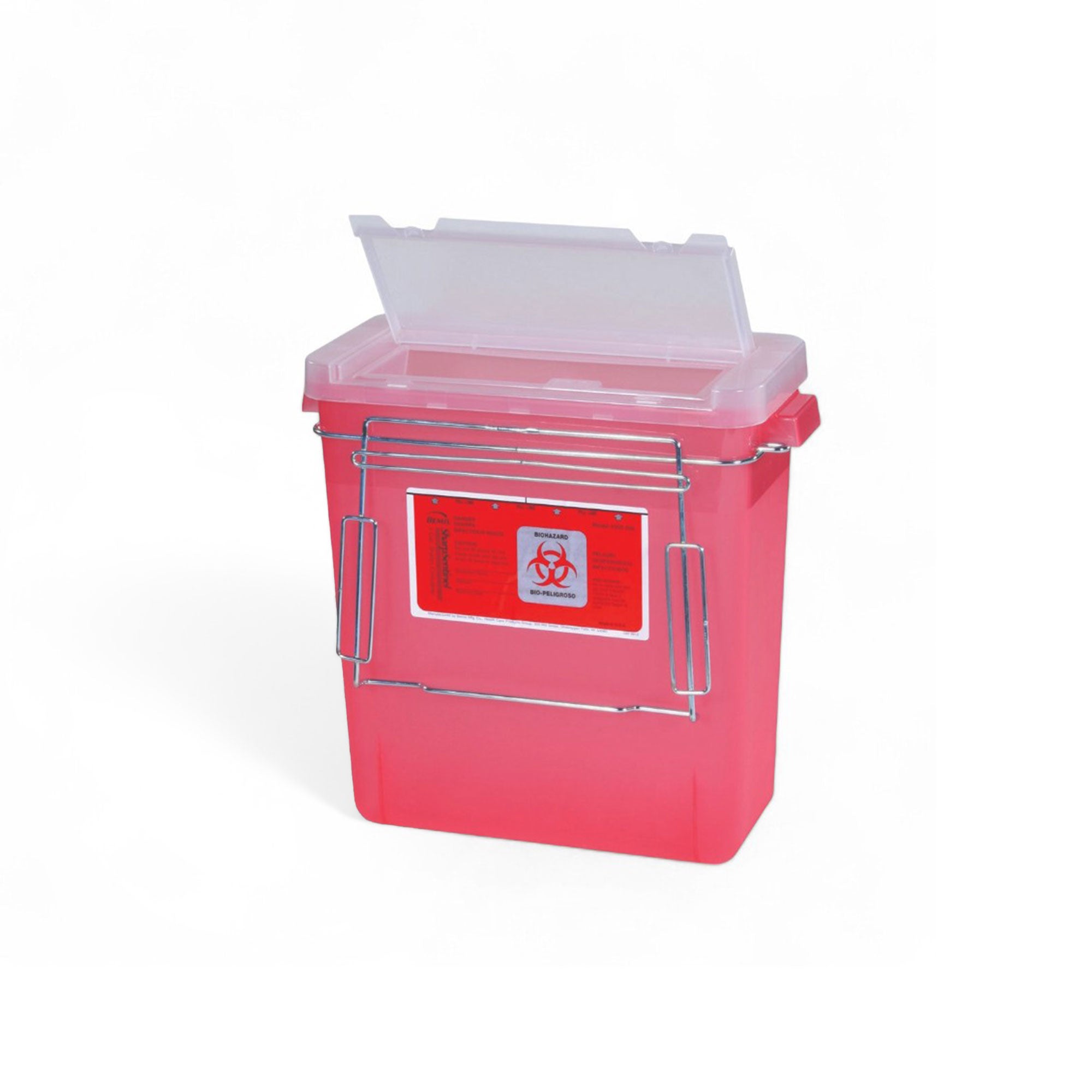 MR-Conditional anesthesia cart sharps container with durable plastic build, removable clear lid, and secure aluminum mounting bracket for safe disposal of medical waste in ORs, clinics, or MRI facilities.