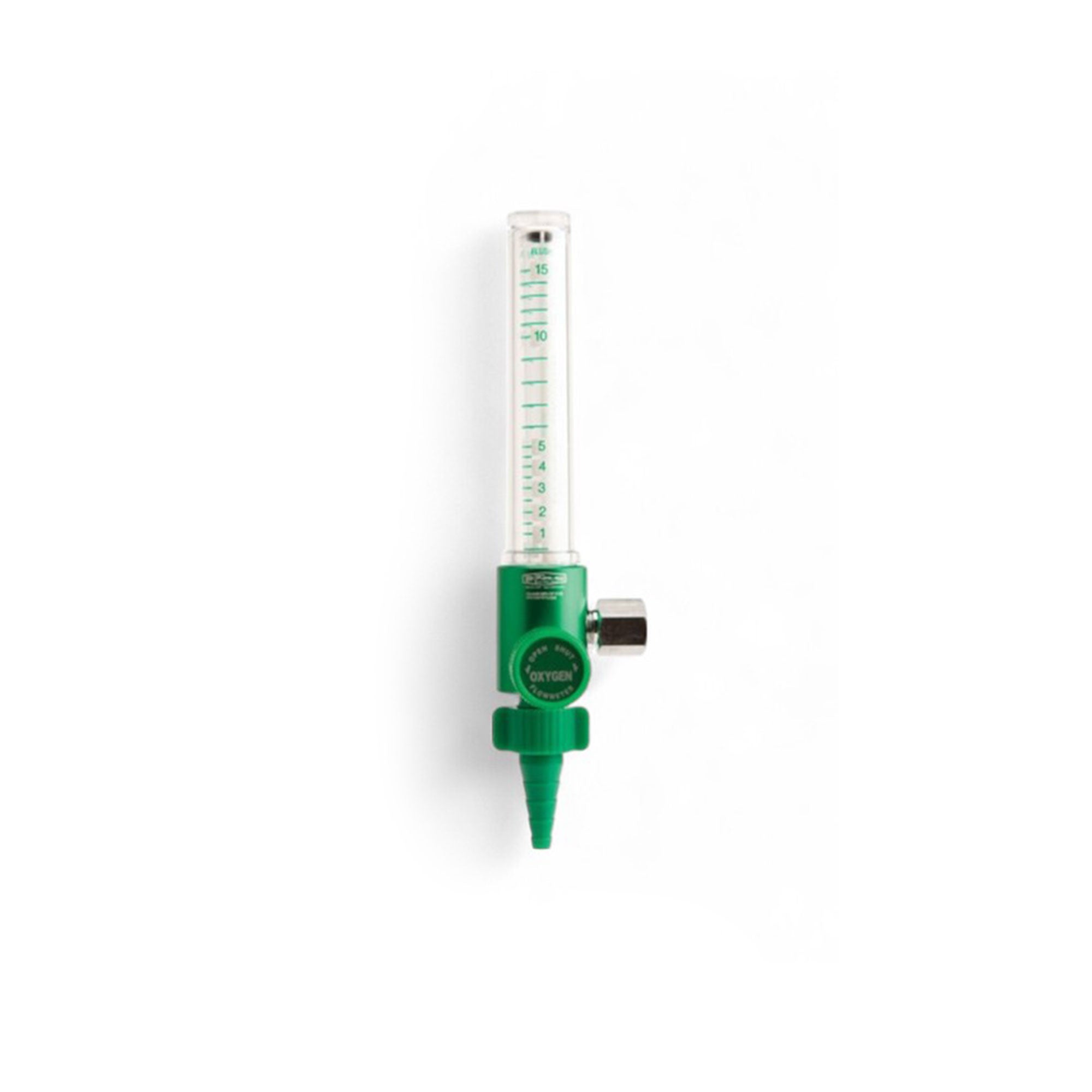 MRI-Compatible Oxygen Flowmeter, 0-15 LPM with anodized aluminum body and shatter-resistant polycarbonate Thorpe tube, designed for precision and durability in medical environments.