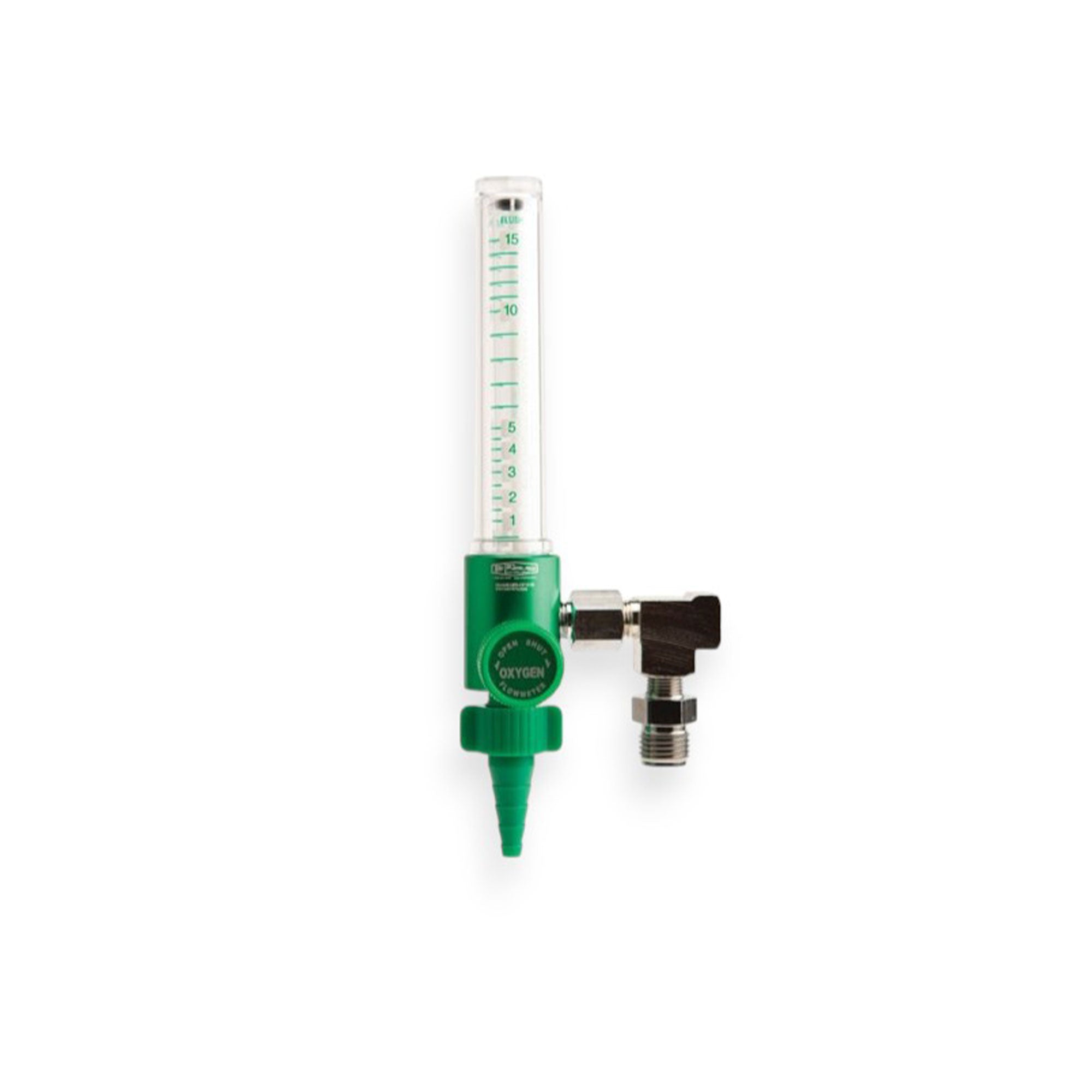 MRI Conditional Front Port Oxygen Flowmeter 0-15 LPM with 50 PSI Auxiliary Port - Durable anodized aluminum body, shatter-resistant polycarbonate Thorpe tube, and accurate display for precise oxygen flow control in MRI-compatible medical settings.