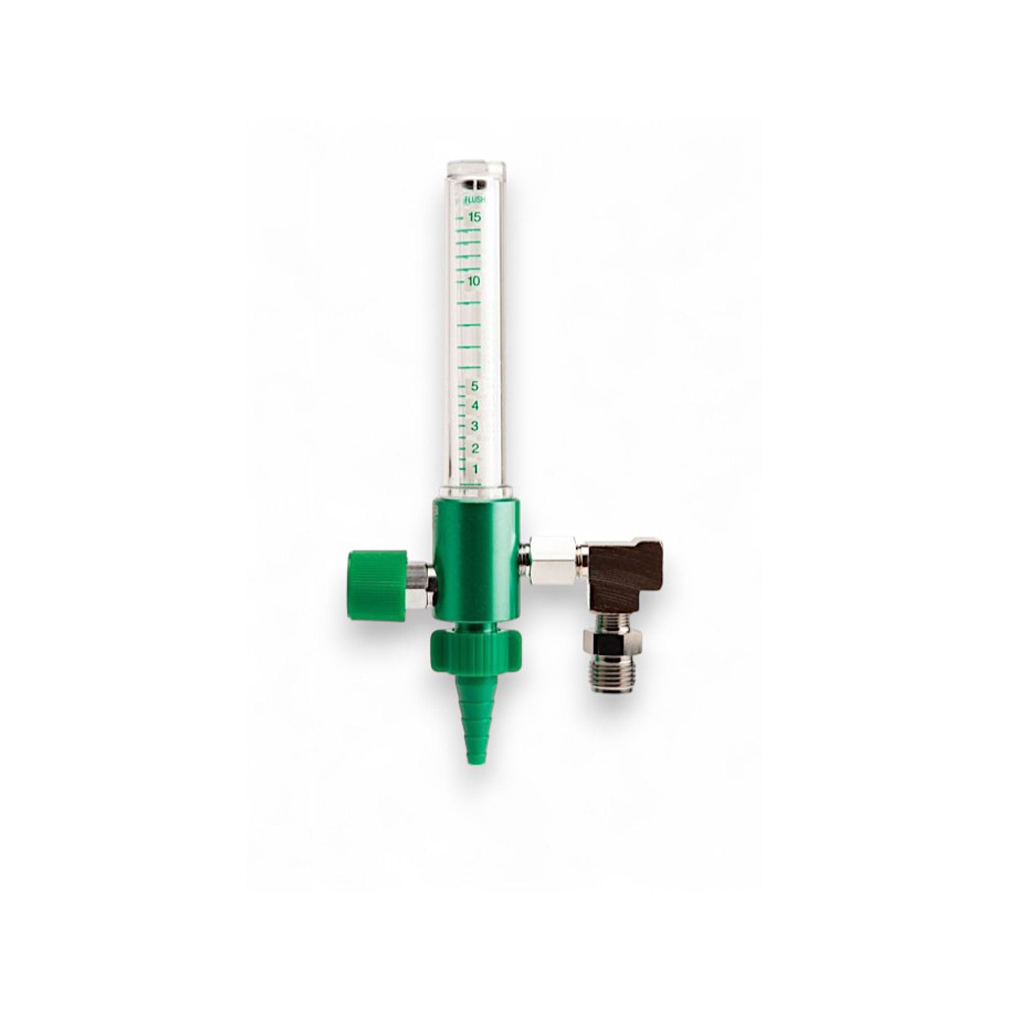 MRI Conditional Oxygen Flowmeter with 50 PSI Auxiliary Port, 0-15 LPM range, backflow compensated, durable anodized aluminum build, and shatter-resistant polycarbonate Thorpe tube.