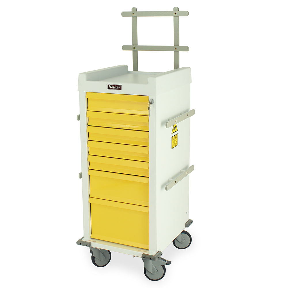 A white and yellow aluminum narrow non-magnetic MRI anesthesia cart with seven drawers and a key lock, equipped with a raised back rail system, side rails, and mounted on casters.