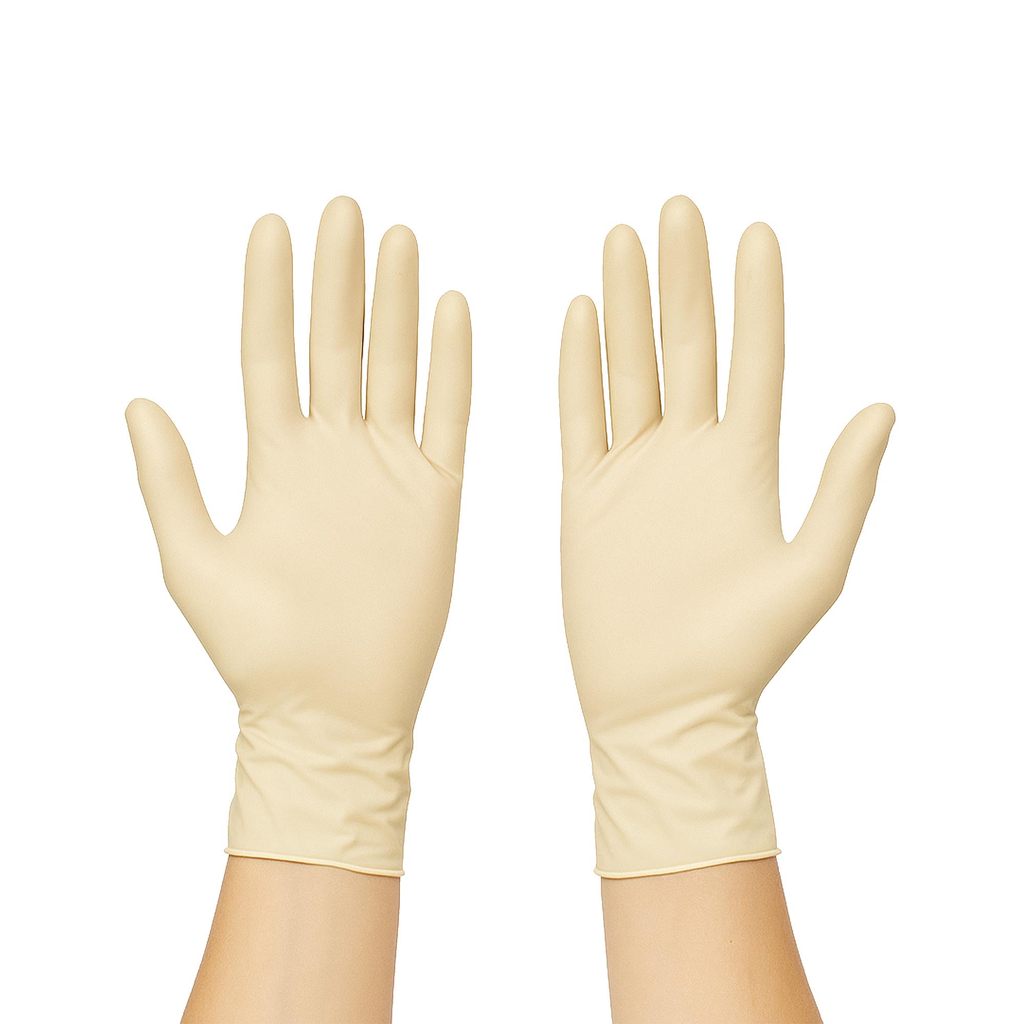 Hands wearing Dynarex Safe-Touch Latex Exam Gloves, showcasing durability and comfort
