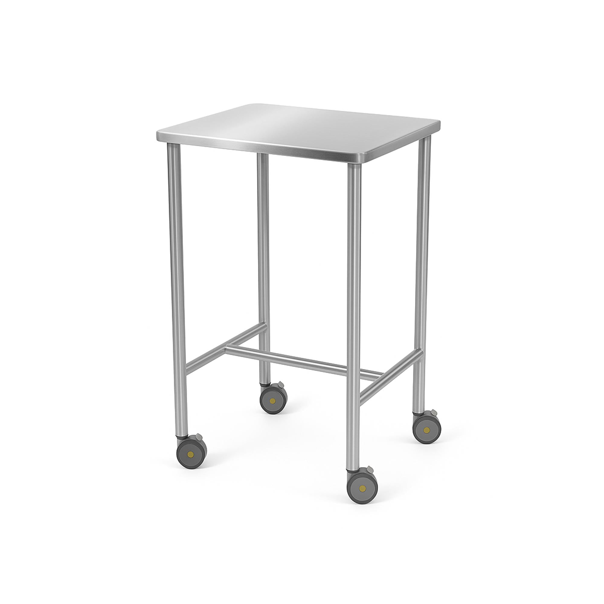 MR Conditional Non-Magnetic Small Stainless Steel Instrument Table with sanitary closed-top design, reinforced channels, and MR conditional casters for safe mobility in MRI and cleanroom environments.