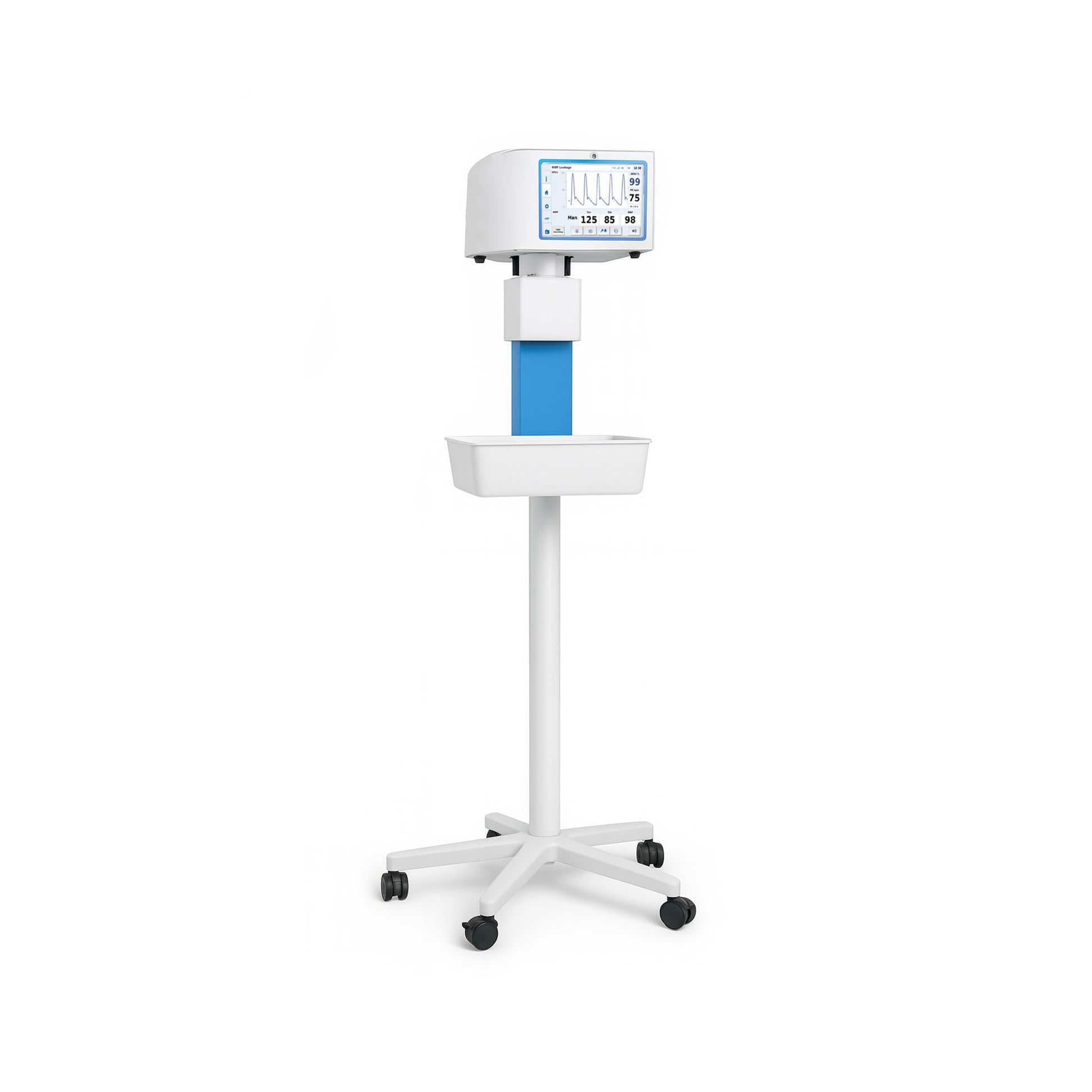 Tesla Trolley with Magnetic Field Indicator for safe MRI room positioning, compatible with Tesla SpO2, NIBP, and DUO monitors.