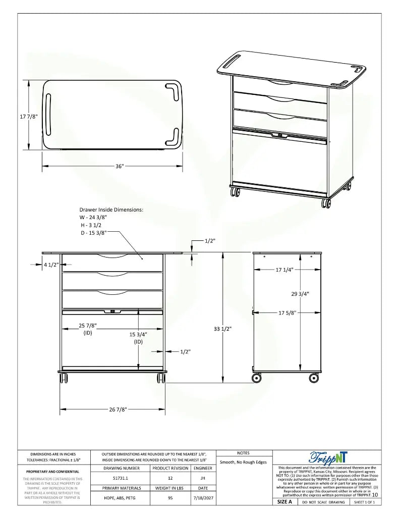 Extra Wide MRI Core Cart with MR-safe casters, durable HDPE construction, and ample storage designed for medical labs and MRI facilities.