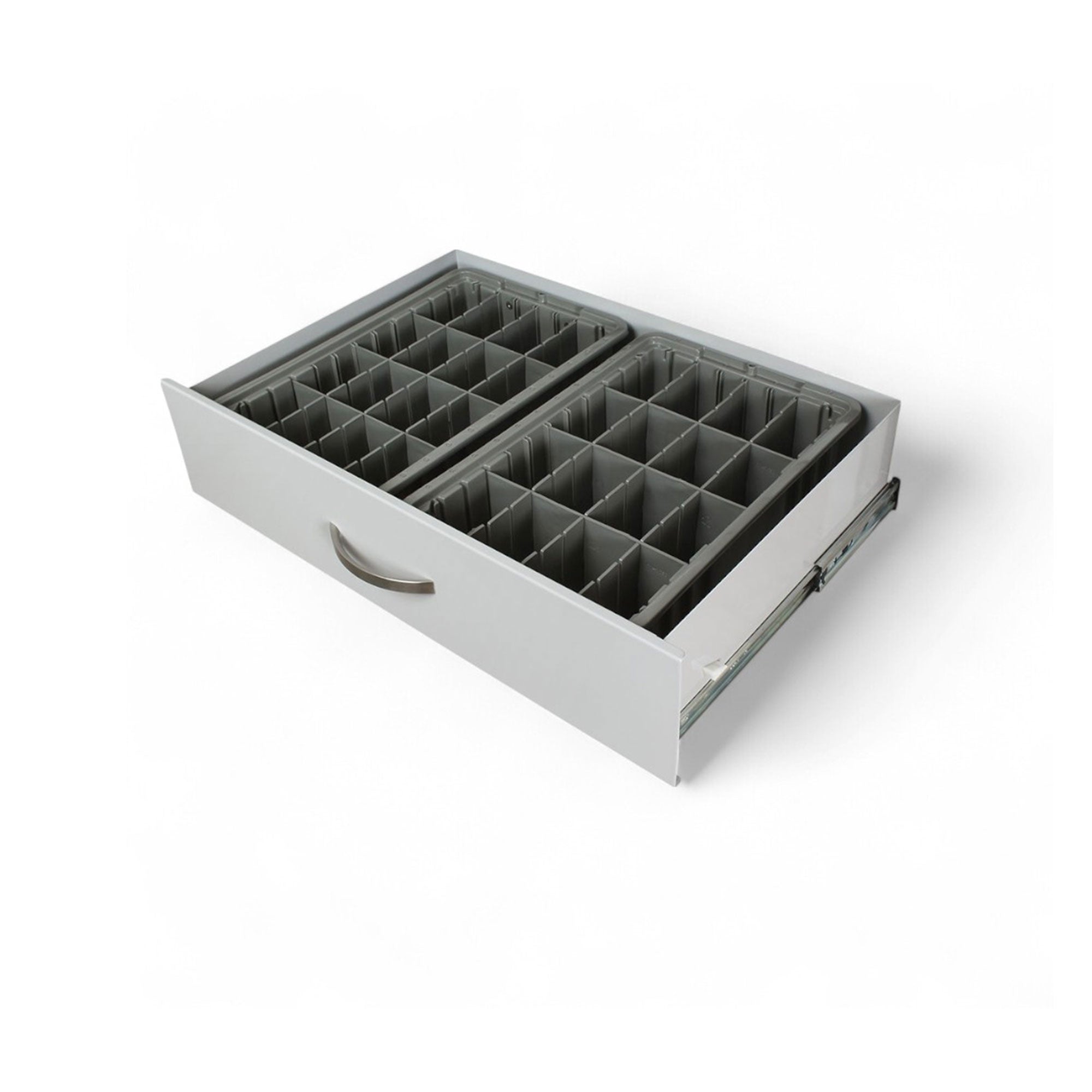 Medical cart exchange tray inside drawer with adjustable dividers for organizing medical supplies in Harloff M-Series and A-Series carts.