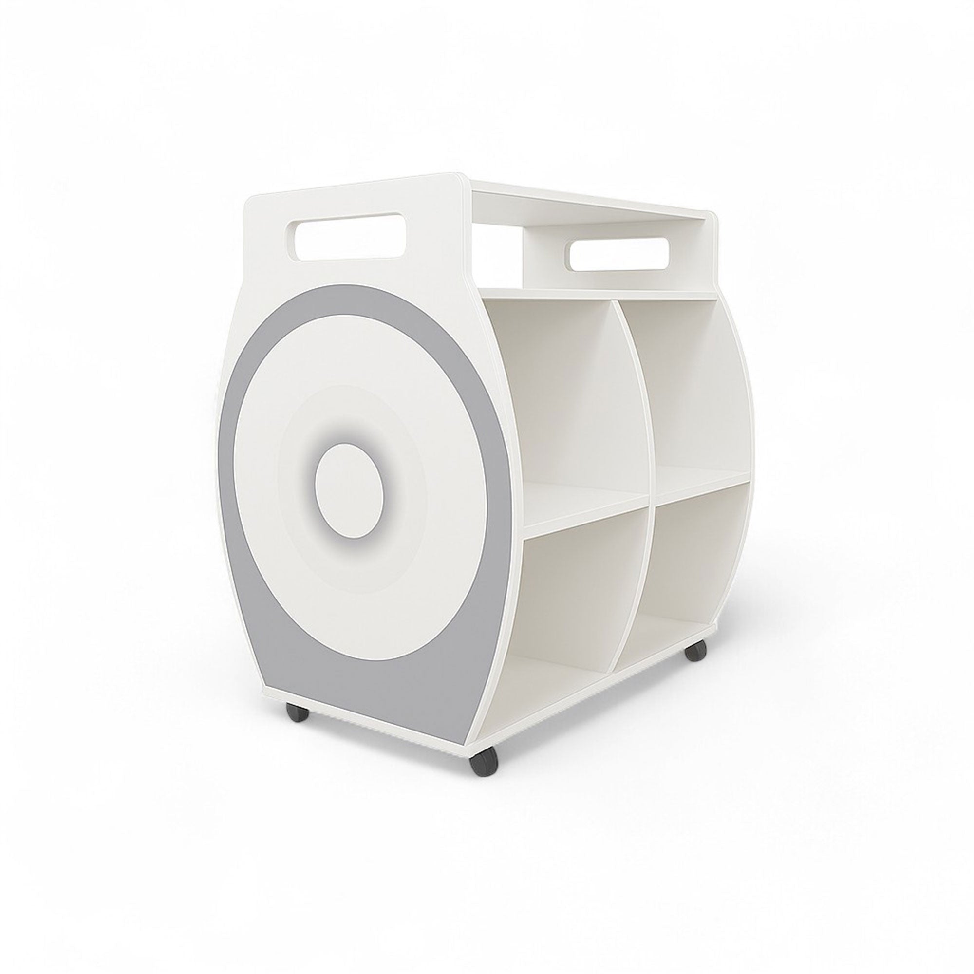 MRI Coil Cart with sleek design, capable of holding 6+ coils, including CTL, NV, brain, extremity, body, and shoulder coils; features lockable casters, durable construction, and MR-conditional compatibility up to 3 Tesla.