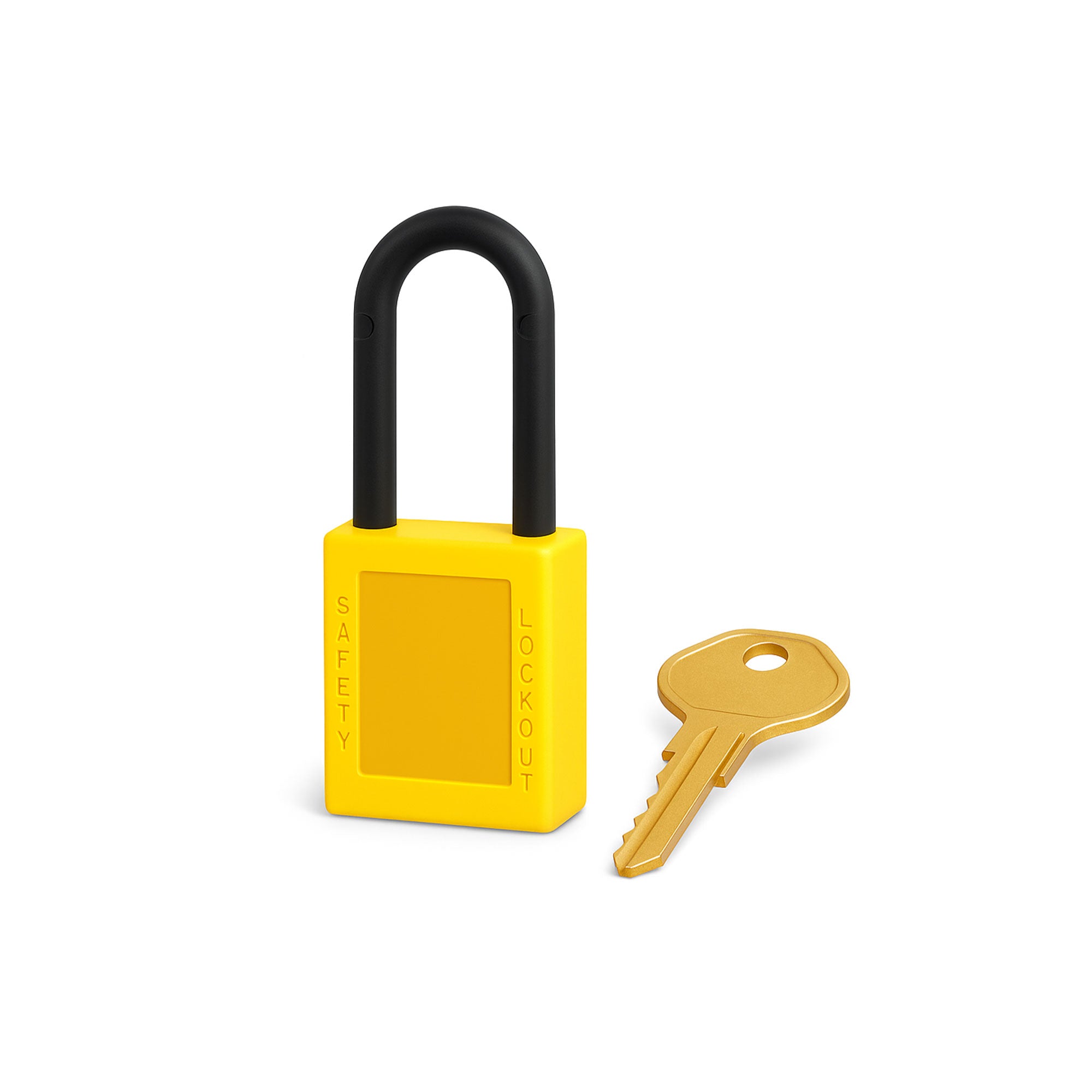 Yellow non-magnetic padlock with plastic shackle and durable design, ideal for MRI suites and sensitive environments.