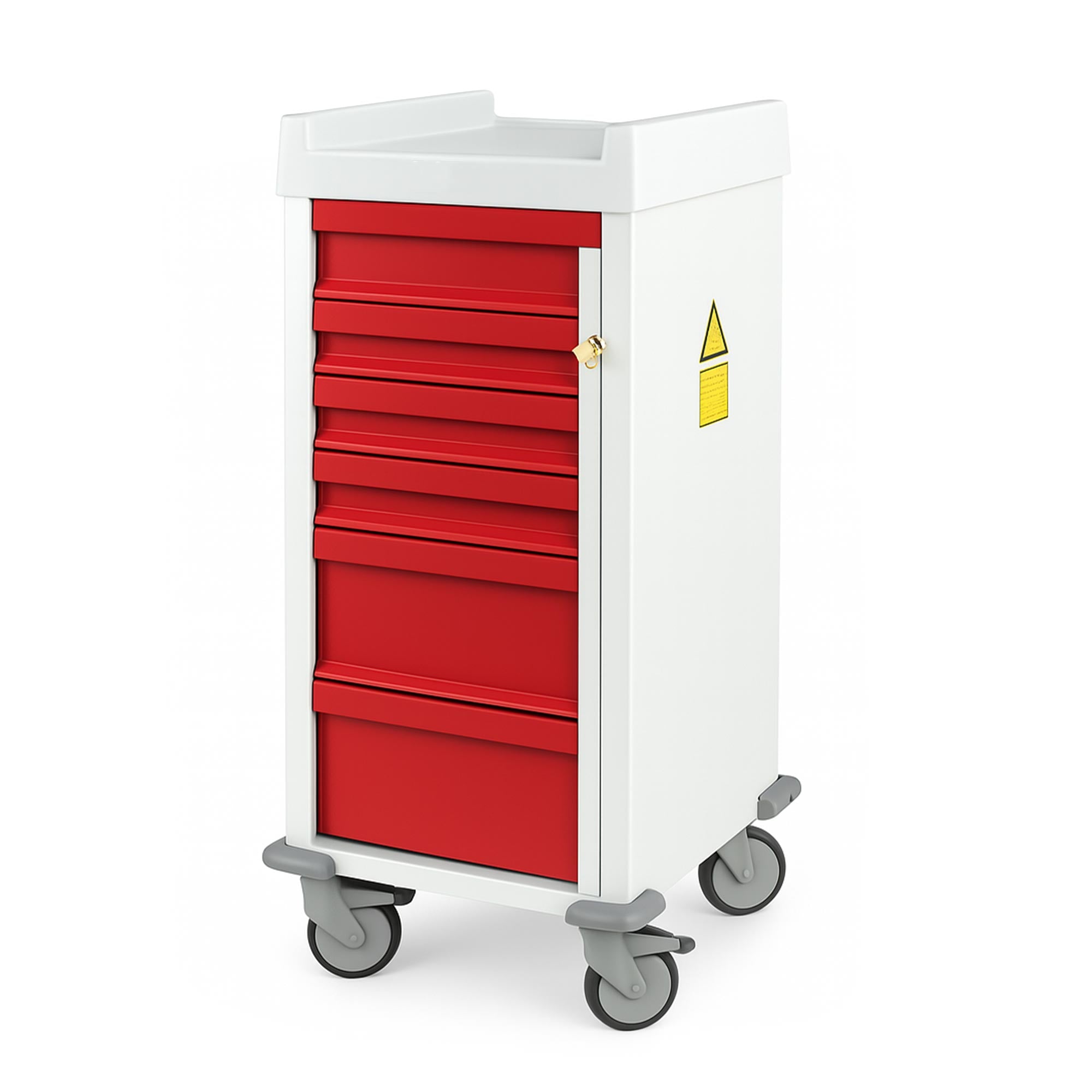 Aluminum Narrow MRI Conditional Trolley with Seven Drawers and Breakaway Lock, designed for safe use in 3 Tesla MRI environments, featuring non-magnetic construction, ball-bearing casters, and ample storage for medical supplies.